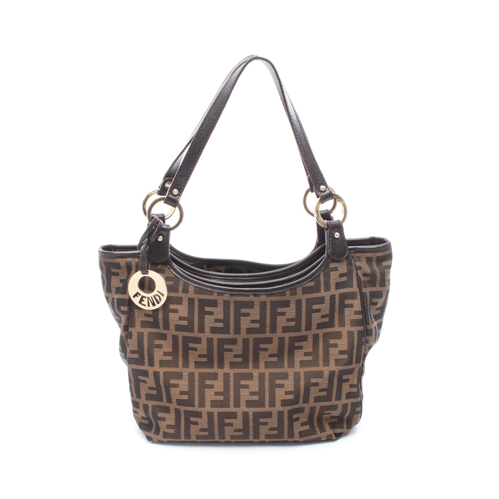 Fendi Zucca Canvas Tote Brown: Authentic and authenticated Fendi Zucca shoulder tote bag in brown/dark brown canvas and leather. Approx. 22H x 33.5/24W x 14D cm with 49 cm strap and 23.5 cm max drop.