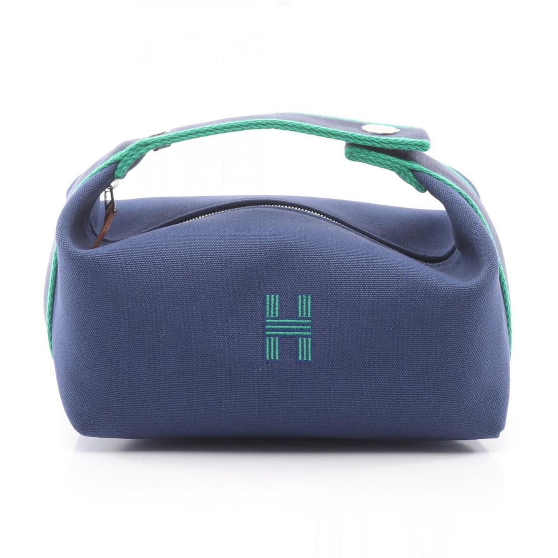 Hermes Bride-a-Brac PM Navy Green: Authentic and authenticated Hermes Bride-a-Brac PM Blue marine handbag in navy/green canvas with silver hardware. Model H104222M. Approx. 10H x 20/21W x 13D cm with 15 cm handle.