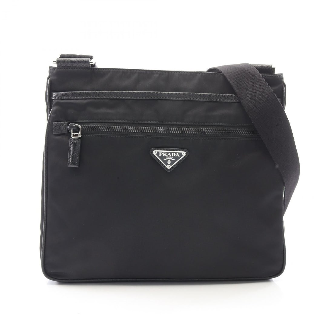 Prada Re-Nylon Shoulder Bag Black: Authentic and authenticated Prada Re-Nylon shoulder bag in black nylon and saffiano leather. Approx. 26H x 28/30W x 3/3D cm with 74-134 cm strap. No accessories listed.