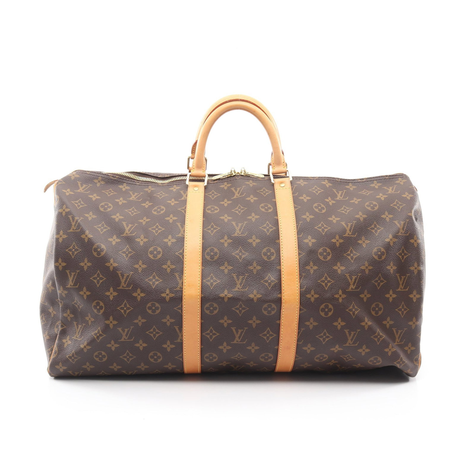 LV Keepall Bandouliere 55 Brown: Authentic and authenticated Louis Vuitton Keepall Bandouliere 55 Monogram Boston bag in brown PVC and leather. Model M41414, product no. FL0949. Approx. 30H x 55/56W x 25D cm with 33 cm handle and