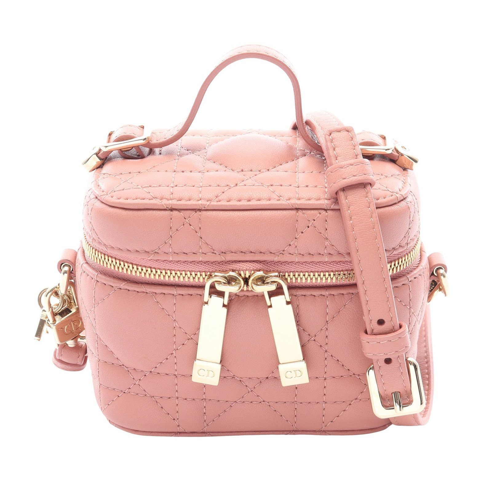 Dior Lady Dior Micro Vanity Pink: Authentic and authenticated Christian Dior Lady Dior Micro Vanity 2WAY bag in pink beige leather. Approx. 9H x 11W x 7D cm with 9 cm handle and 115-121 cm strap. Includes shoulder strap.
