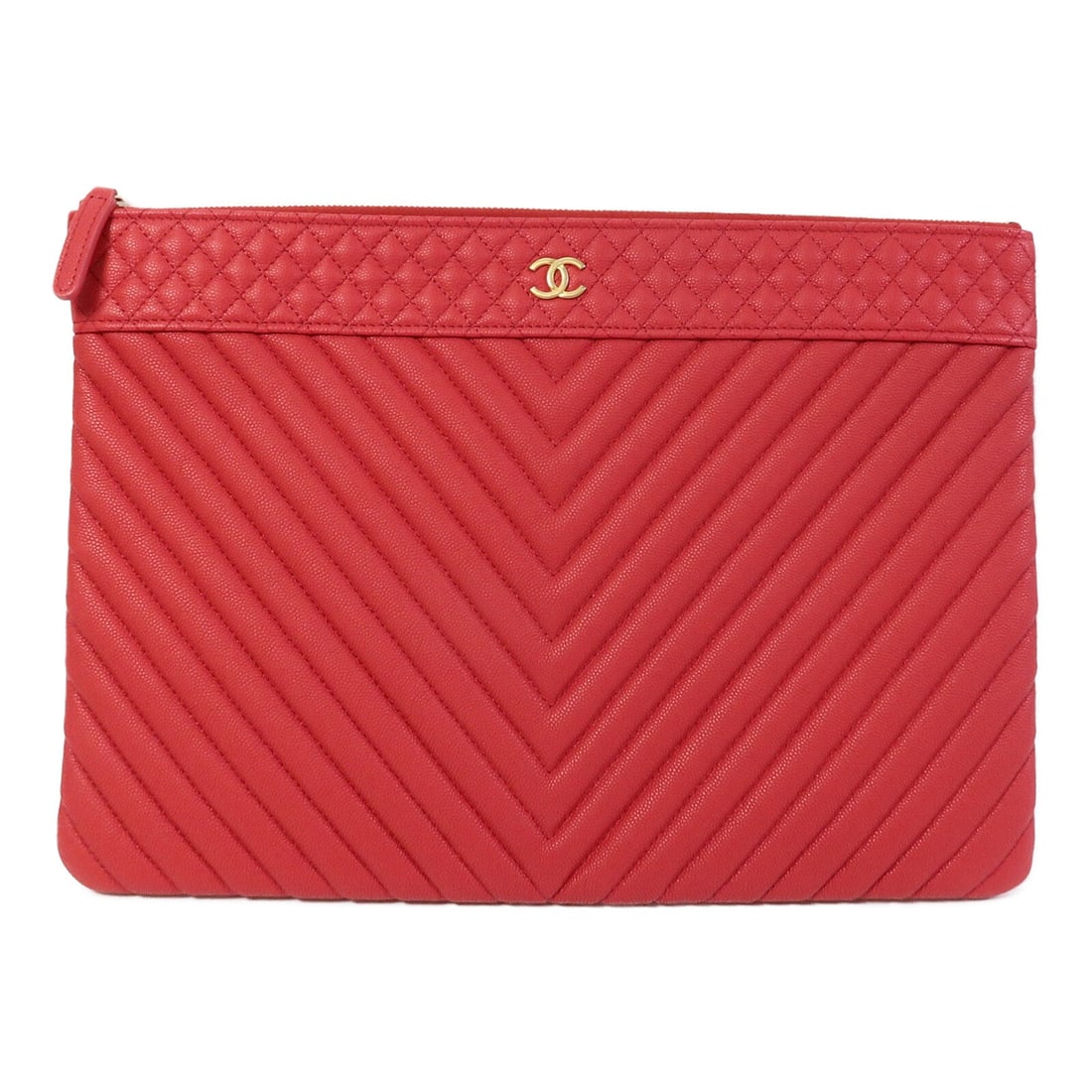 Chanel Red Calfskin Clutch Bag: Authentic and authenticated Chanel clutch bag in red calfskin. Product no. 24818041. Approx. 34W x 24H x 2D cm. Includes hologram sticker and guarantee.