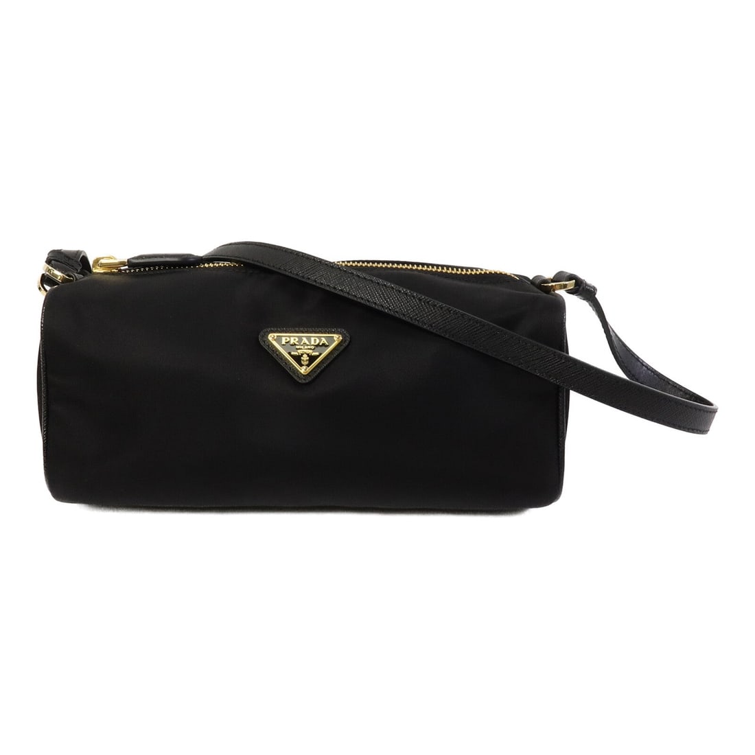 Prada Re-Nylon Pouch Shoulder Bag: Authentic and authenticated Prada Re-Nylon pouch shoulder bag in black nylon. Product no. 42. Approx. 22W x 10H x 8D cm with 67-73 cm strap. No accessories listed.