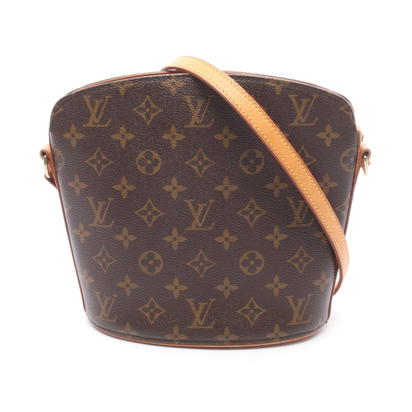 LV Druot Monogram Shoulder Bag: Authentic and authenticated Louis Vuitton Druot Monogram shoulder bag in brown PVC leather. Model M51290, product no. LM0026. Approx. 22H x 24/20W x 10D cm with 109-127 cm strap.