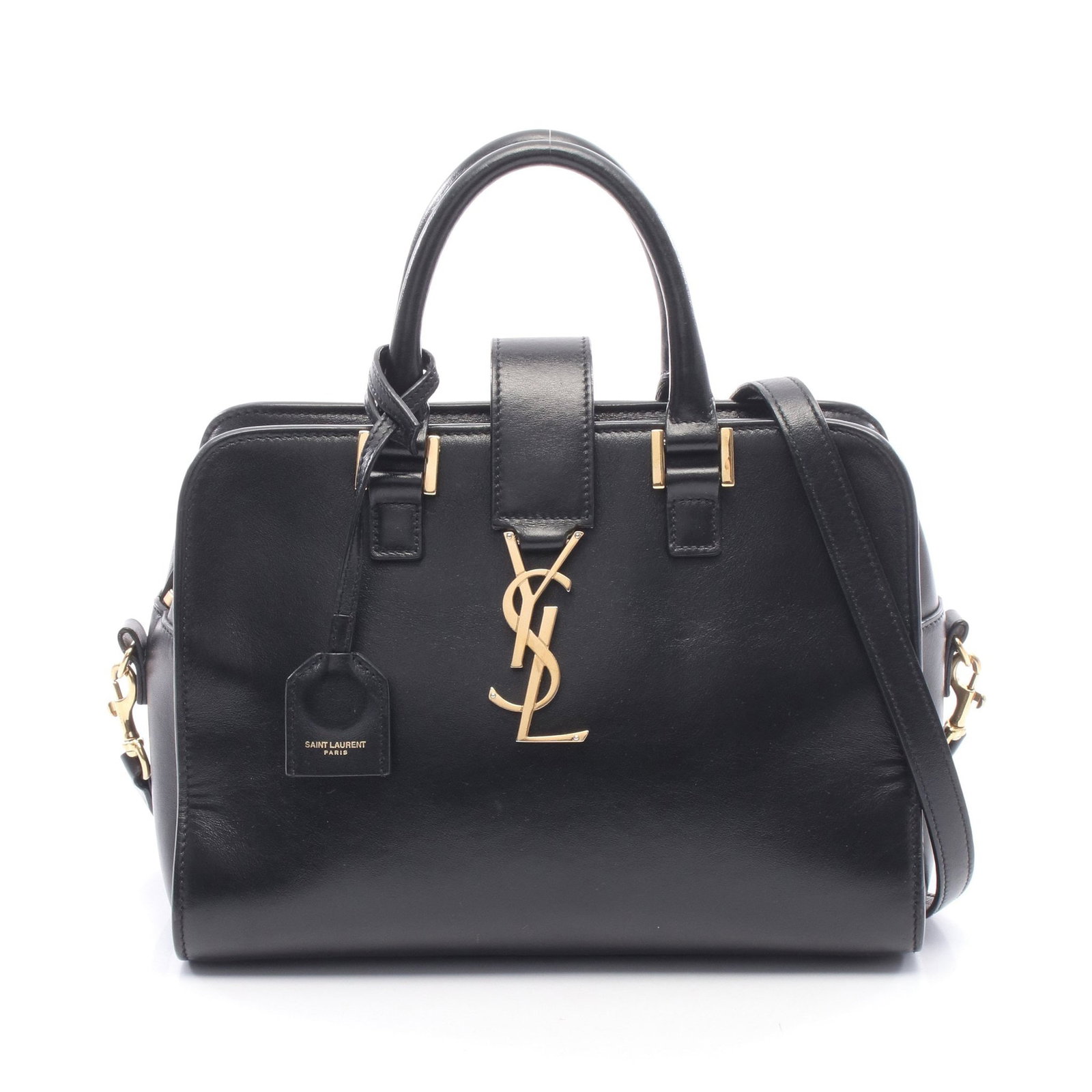Saint Laurent Baby Cabas 2WAY: Authentic and authenticated Saint Laurent Paris Monogram Baby cabas 2WAY handbag in black leather. Model 372087. Approx. 19H x 25W x 13D cm with 28 cm handle and 126 cm strap. Includes shoulder strap
