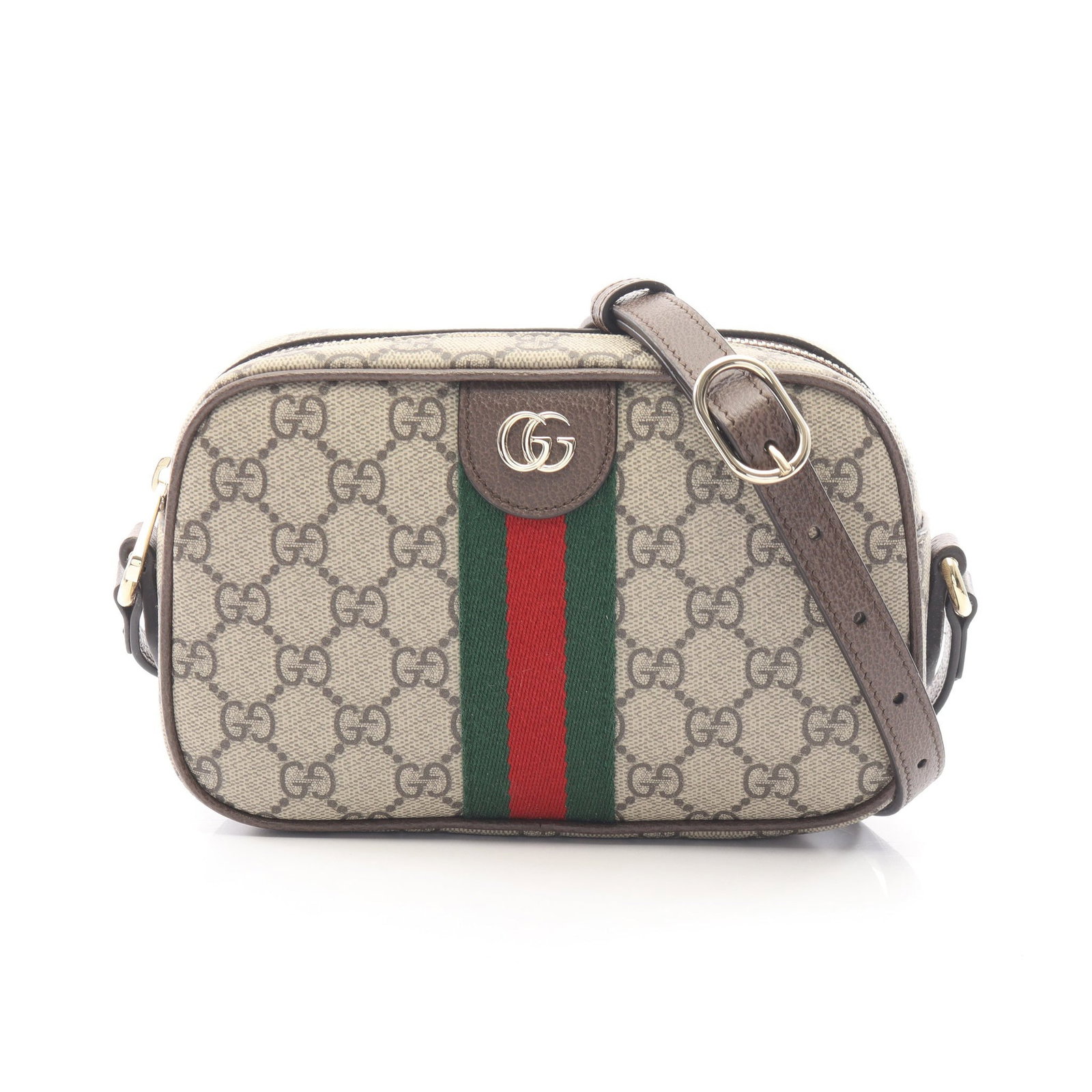 Gucci Ophidia Camera Bag Beige: Authentic and authenticated Gucci Ophidia Small Camera bag in beige, dark brown, and multicolor GG Supreme PVC leather. Model 838480FAE0P9746. Approx. 12H x 18/19W x 5.5D cm with 110-124 cm strap. Inc