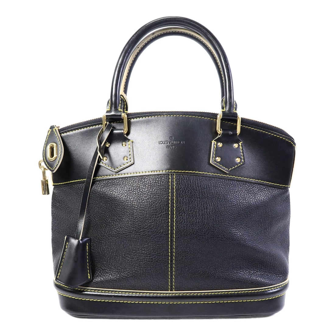 LV Lockit PM Suhali Hand Bag: Authentic and authenticated Louis Vuitton Lockit PM hand bag in black Suhali goatskin. Product no. TH0096. Approx. 27.5W x 24H x 15D cm with 33 cm handle. Includes storage bags, clochette, key, and