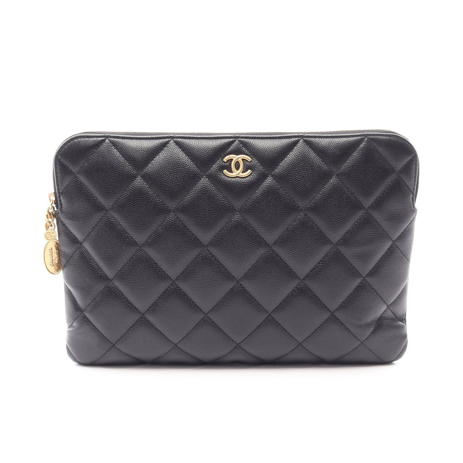 Chanel Matelasse Caviar Clutch: Authentic and authenticated Chanel Matelasse clutch bag in black caviar skin with gold hardware. Approx. 19H x 27.5W x 2D cm. Includes serial seal.
