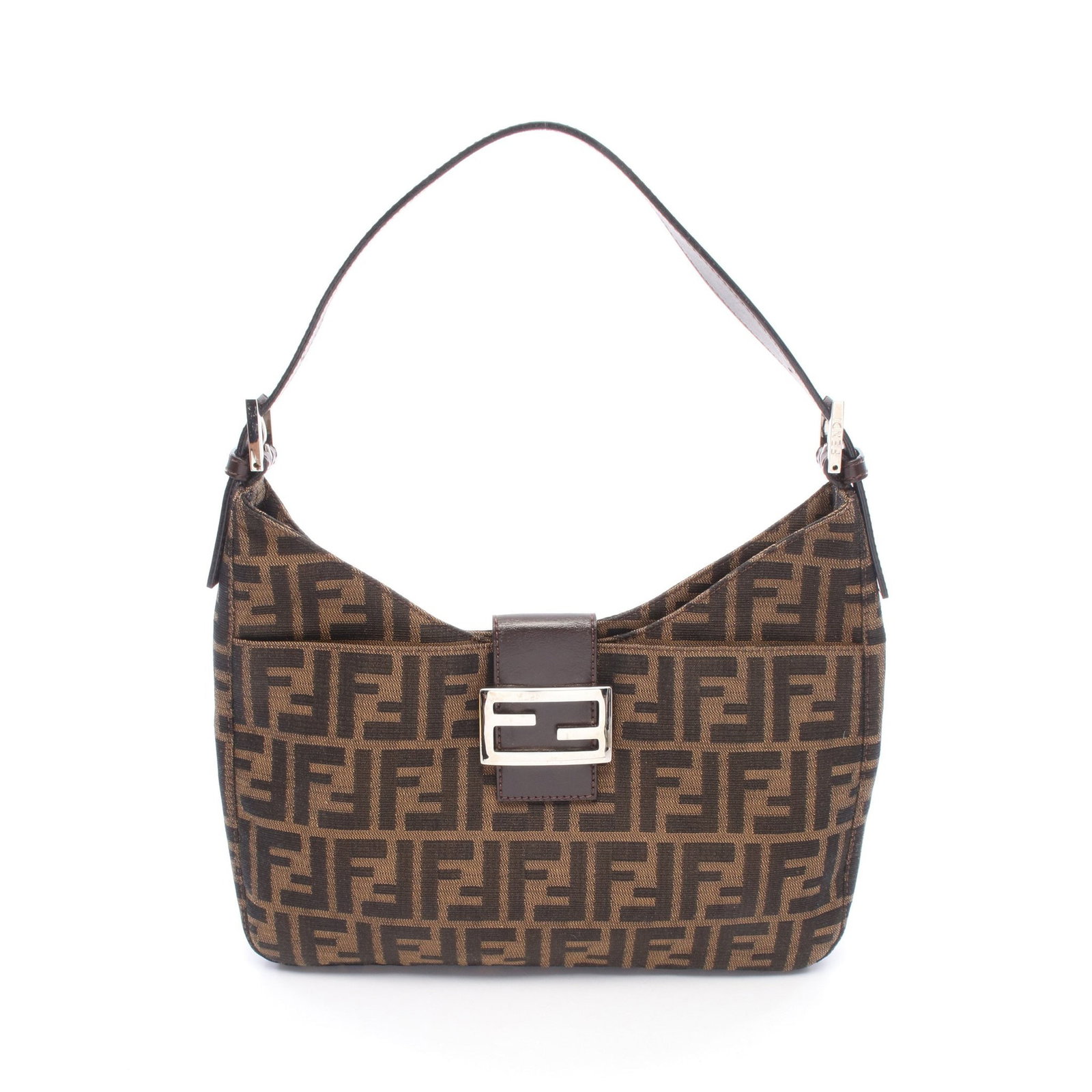Fendi Zucca One Shoulder Brown: Authentic and authenticated Fendi Zucca one shoulder bag in brown and black canvas leather. Model 26569. Approx. 17H x 27/28W x 4D cm with 35-50 cm strap and 28 cm max drop.