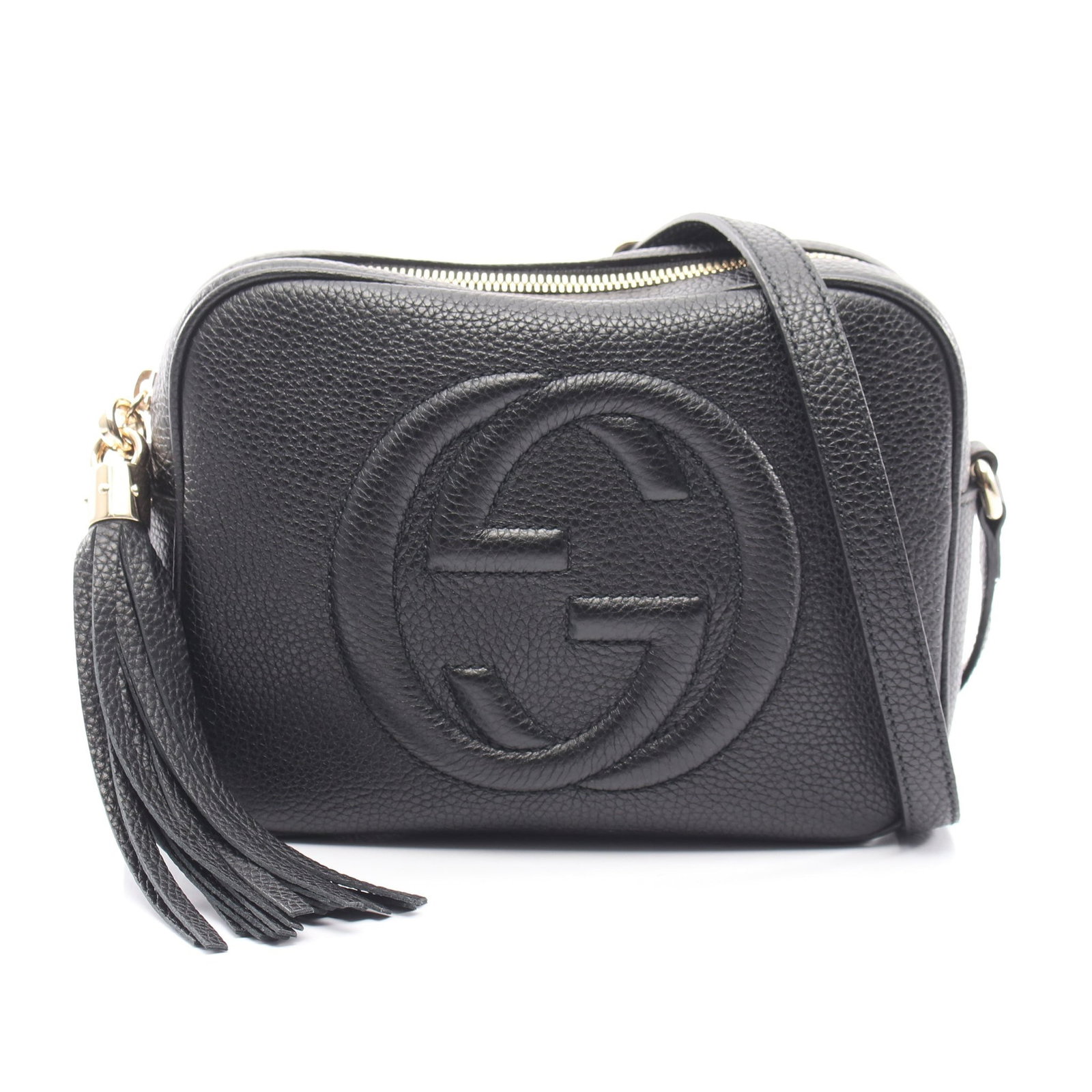 Gucci Soho Disco Shoulder Bag: Authentic and authenticated Gucci Soho Disco bag Interlocking G shoulder bag in black leather. Model 308364. Approx. 15H x 20W x 7D cm with 124-134 cm strap.