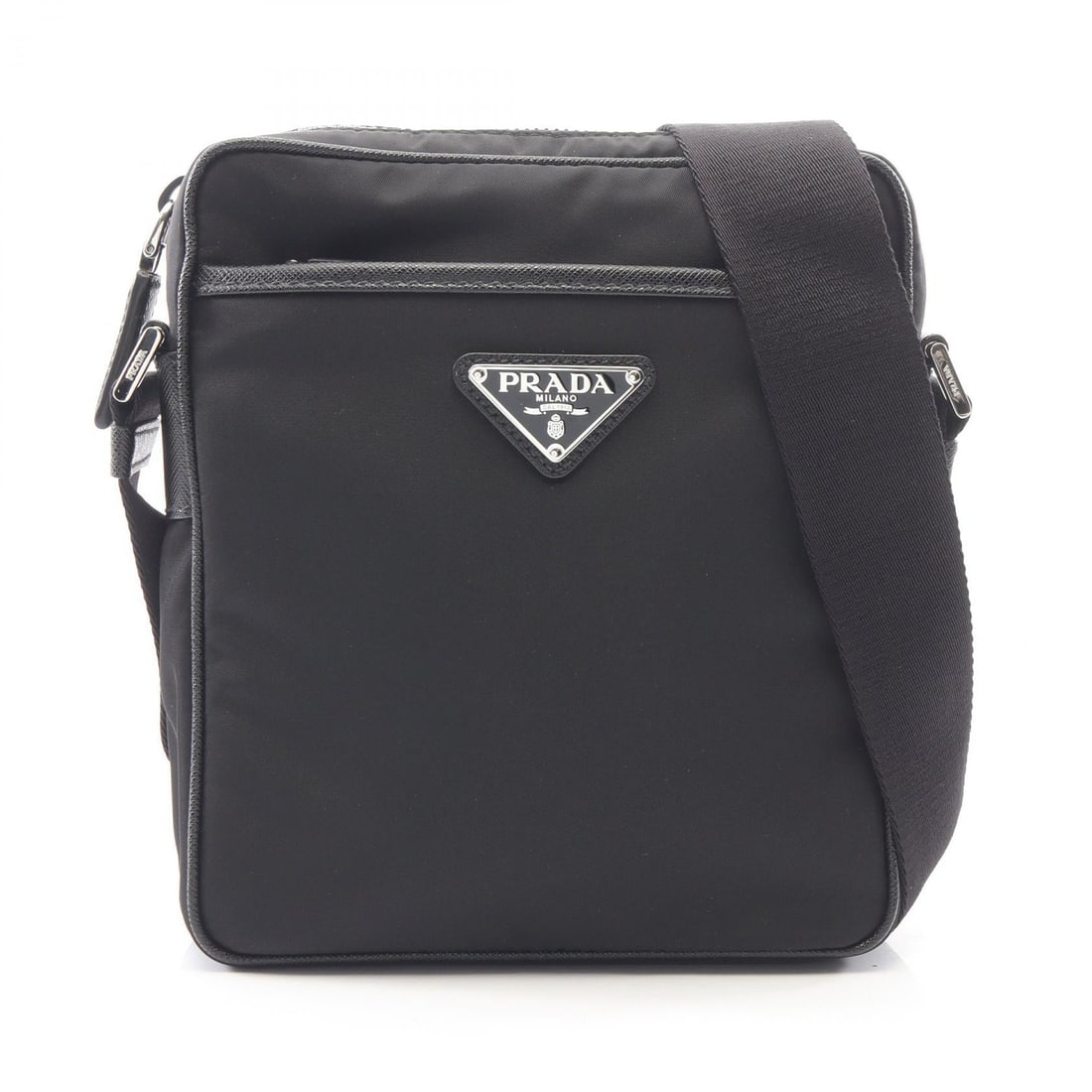 Prada Re-Nylon Shoulder Bag Black: Authentic and authenticated Prada Re-Nylon shoulder bag in black nylon saffiano leather. Model 2VH112. Approx. 21H x 17.5W x 5.5D cm with 90-135 cm strap. No accessories listed.