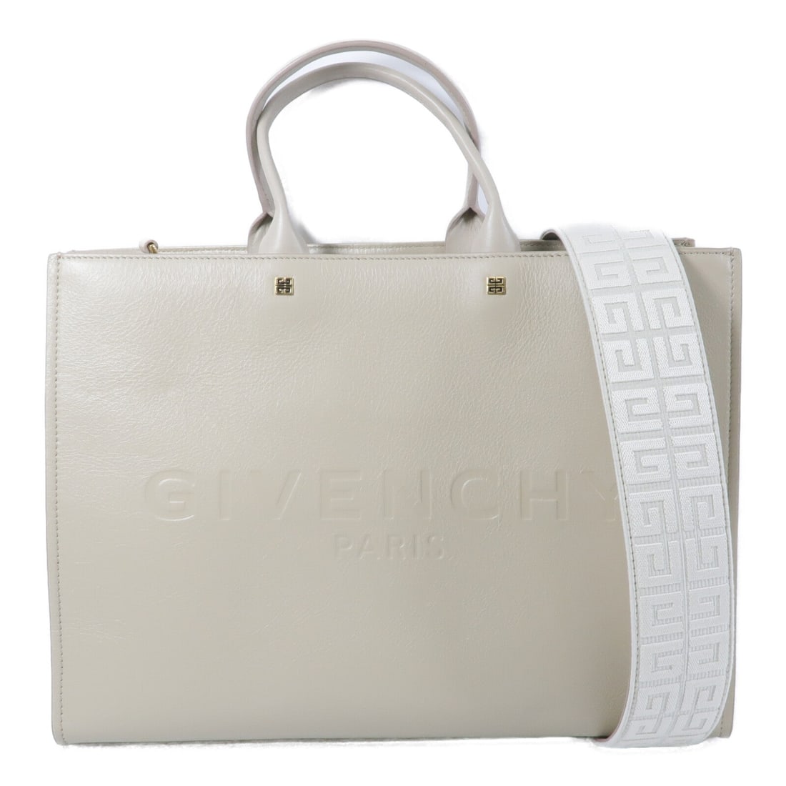 Givenchy Medium G-Tote 2 Way Beige: Authentic and authenticated Givenchy Medium G-Tote 2 Way shoulder bag in beige calfskin. Product no. KUH0236. Approx. 37W x 28H x 13D cm with 31 cm handle and 83 cm strap. Includes storage bags and