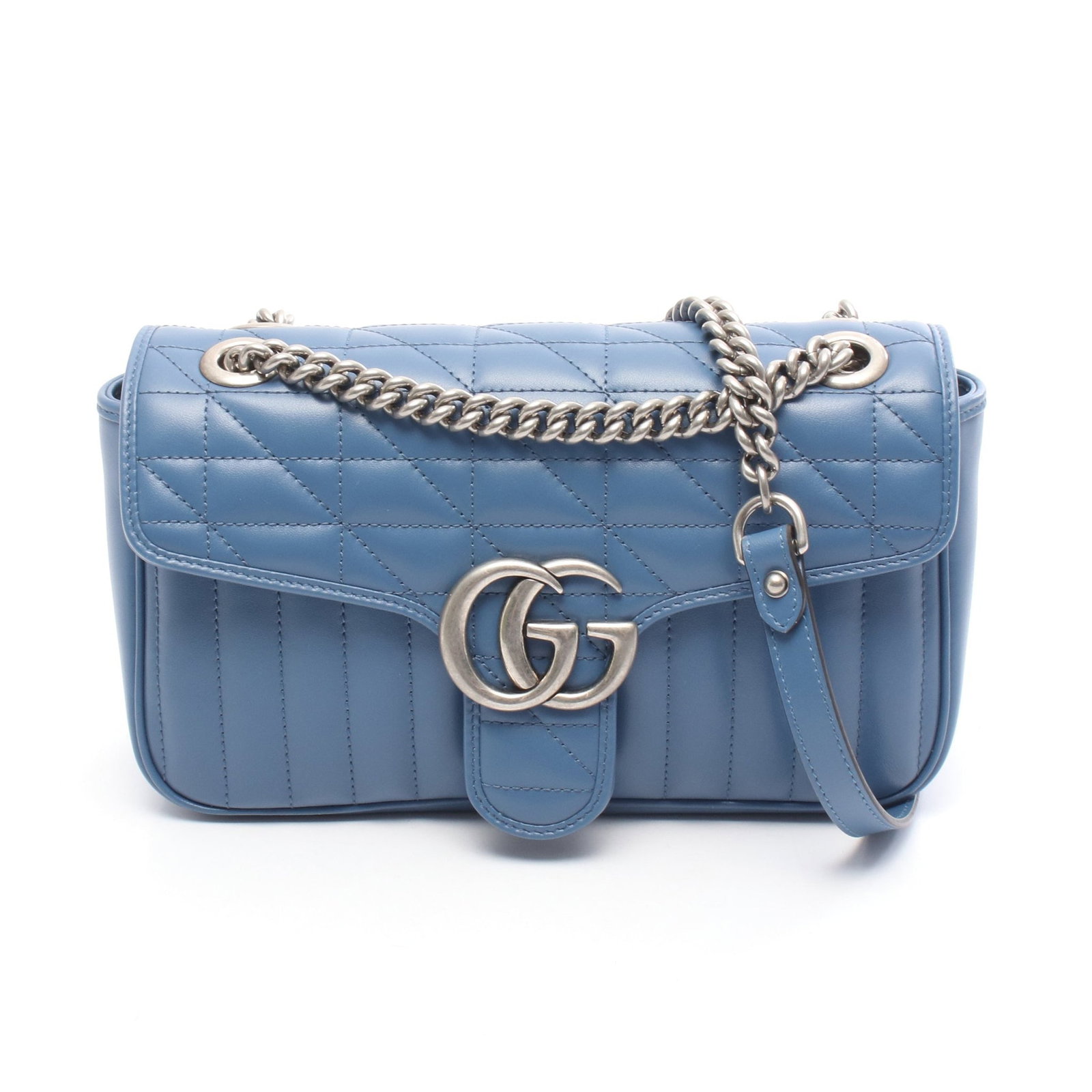 Gucci GG Marmont Small Chain Blue: Authentic and authenticated Gucci GG Marmont Quilting Small chain shoulder bag in blue leather. Model 443497. Approx. 16H x 25W x 7D cm with double or single strap wear.
