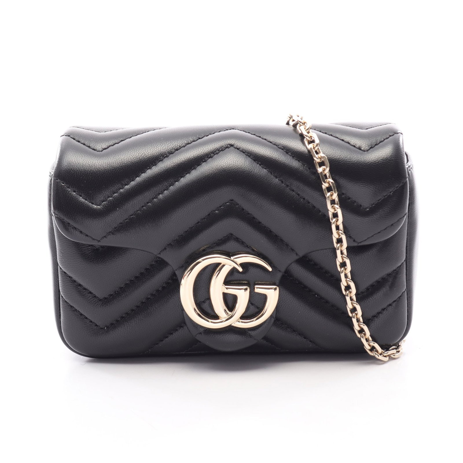 Gucci GG Marmont Mini Chain Black: Authentic and authenticated Gucci GG Marmont Mini chain shoulder bag in black leather. Model 841290AAFAX1000. Approx. 10H x 15.5/16.5W x 5D cm with 123 cm strap. Includes box and storage bags.