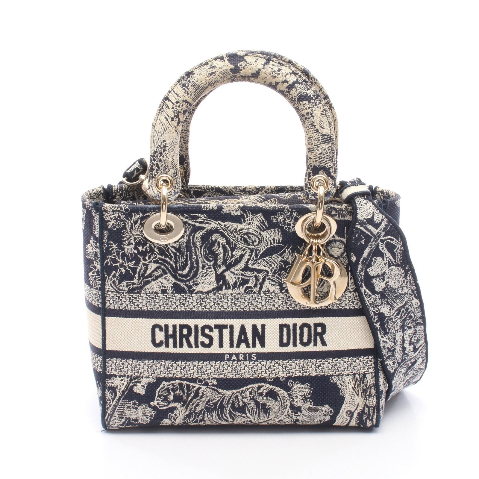 Dior Lady D-Lite Medium 2WAY: Authentic and authenticated Christian Dior Lady D-Lite Medium 2WAY handbag in navy and beige canvas. Approx. 19H x 23W x 11D cm with 35 cm handle and 105 cm strap.