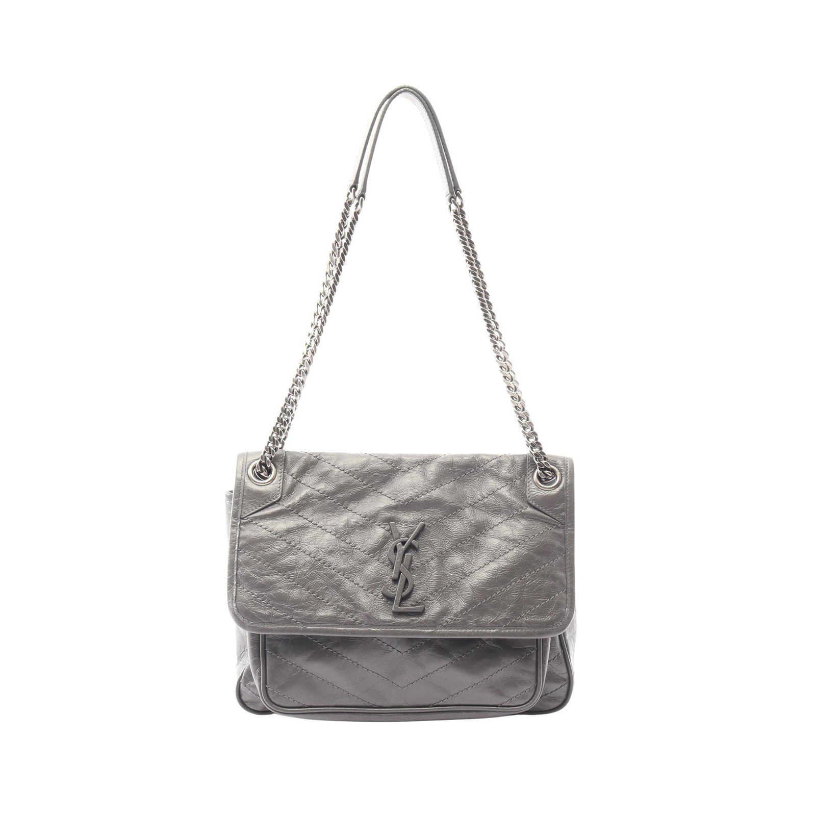 Saint Laurent Niki Medium Chain Gray: Authentic and authenticated Saint Laurent Paris NIKI Medium chain shoulder bag in gray leather. Model 498894. Approx. 21H x 26.5/27W x 9D cm with double chain strap.