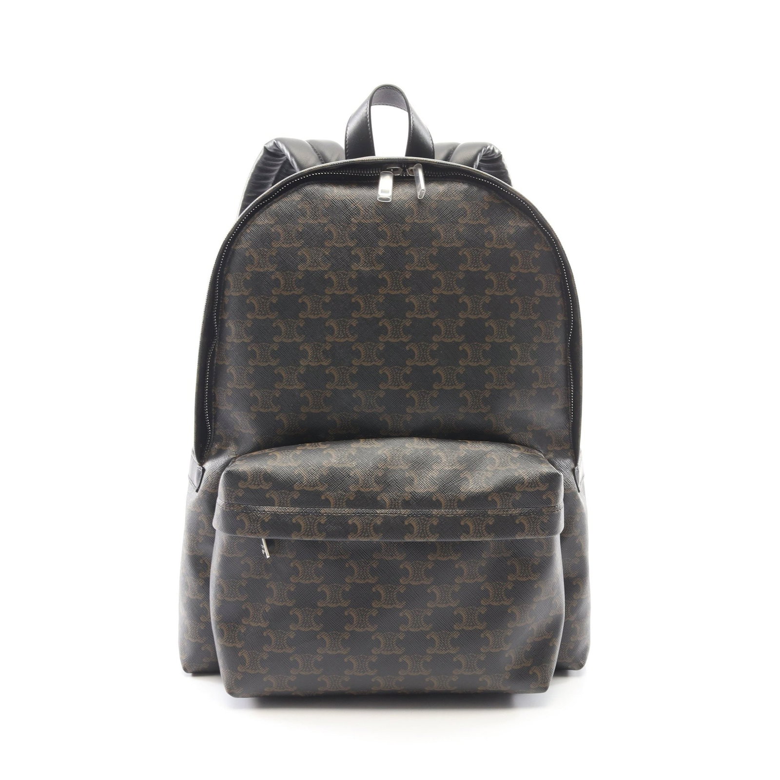 Celine Triomphe Medium Backpack: Authentic and authenticated Celine Triomphe Medium backpack in black PVC leather. Model 188382BOV38SI. Approx. 40H x 33W x 11D cm with 24 cm handle. Includes storage bags.