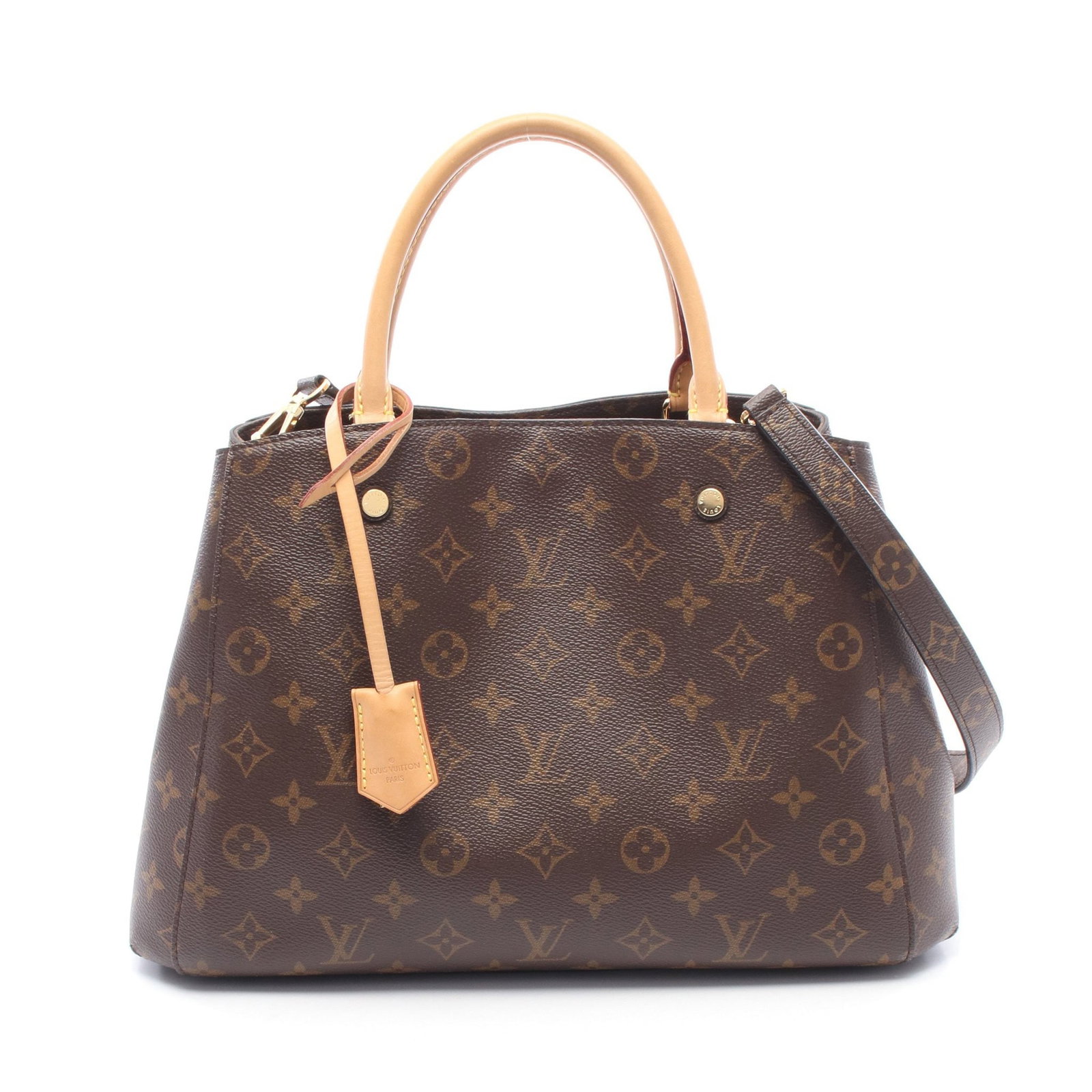 LV Montaigne MM Monogram 2WAY: Authentic and authenticated Louis Vuitton Montaigne MM Monogram 2WAY handbag in brown PVC leather. Model M41056, product no. CA3166. Approx. 23H x 25/35W x 14D cm. Includes strap, padlock, 2 keys,