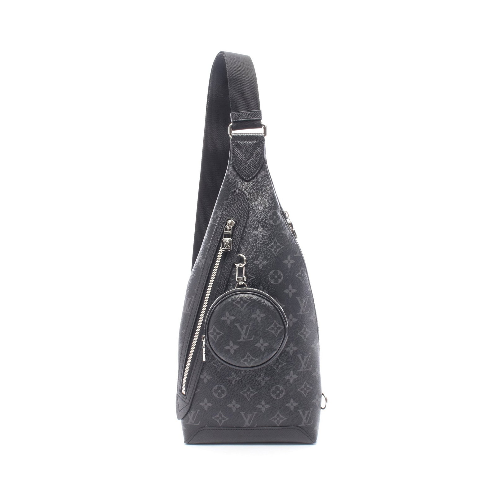 LV Duo Sling Taigarama Black: Authentic and authenticated Louis Vuitton Duo Sling bag Taigarama body bag in black PVC leather. Model M30936 with RFID. Approx. 44H x 19W x 4D cm with 64-109 cm strap. Includes pouch.