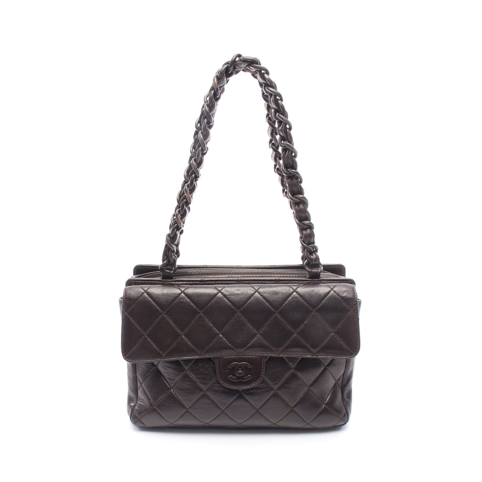 Chanel Plastic Chain Tote Dark Brown: Authentic and authenticated Chanel Matelasse plastic chain shoulder tote bag in dark brown lambskin with black hardware. Approx. 19H x 26.5/28W x 2/9.5D cm with 54 cm strap. Includes guarantee card