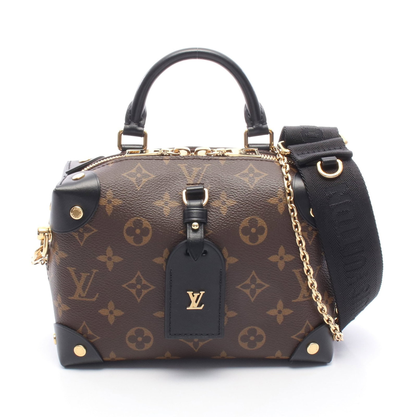 LV Petite Malle Souple 2WAY Bag: Authentic and authenticated Louis Vuitton Petite Malle Souple handbag in brown and black Monogram PVC leather with RFID. Model M45571. Approx. 14H x 19/20W x 7D cm. Includes strap, chain strap, and