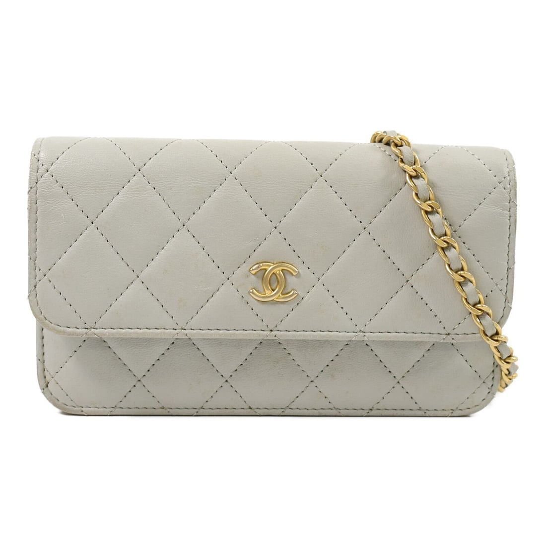 Chanel Chain Shoulder Bag Grey: Authentic and authenticated Chanel chain shoulder bag in gray blue lambskin. Product no. APA5227G. Approx. 17W x 11H x 4D cm with 85-115 cm strap. Includes hologram sticker.
