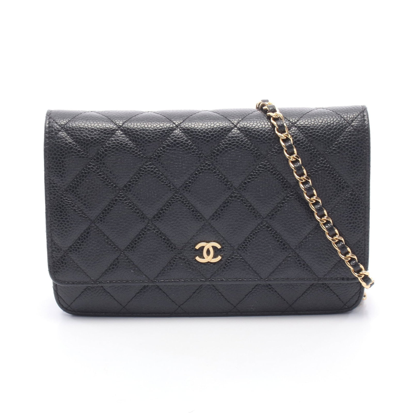 Chanel Matelasse Chain Wallet Black: Authentic and authenticated Chanel Matelasse chain wallet in black caviar skin with gold hardware. Model AP0250. Approx. 12H x 19W x 3.5D cm with 122 cm strap. Includes guarantee card and serial seal.