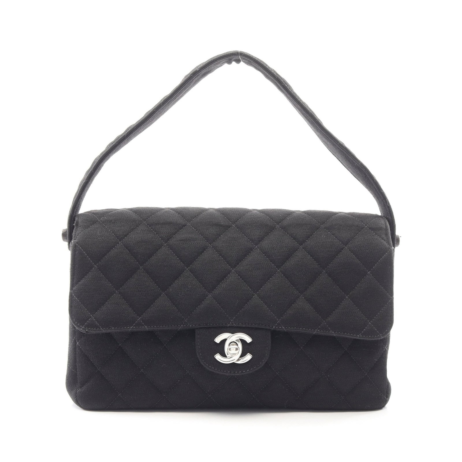 Chanel W Face Handbag Black: Authentic and authenticated Chanel Matelasse W Face handbag in black cotton with silver hardware. Approx. 16H x 25W x 9D cm with 44 cm handle. Includes guarantee card and serial seal.