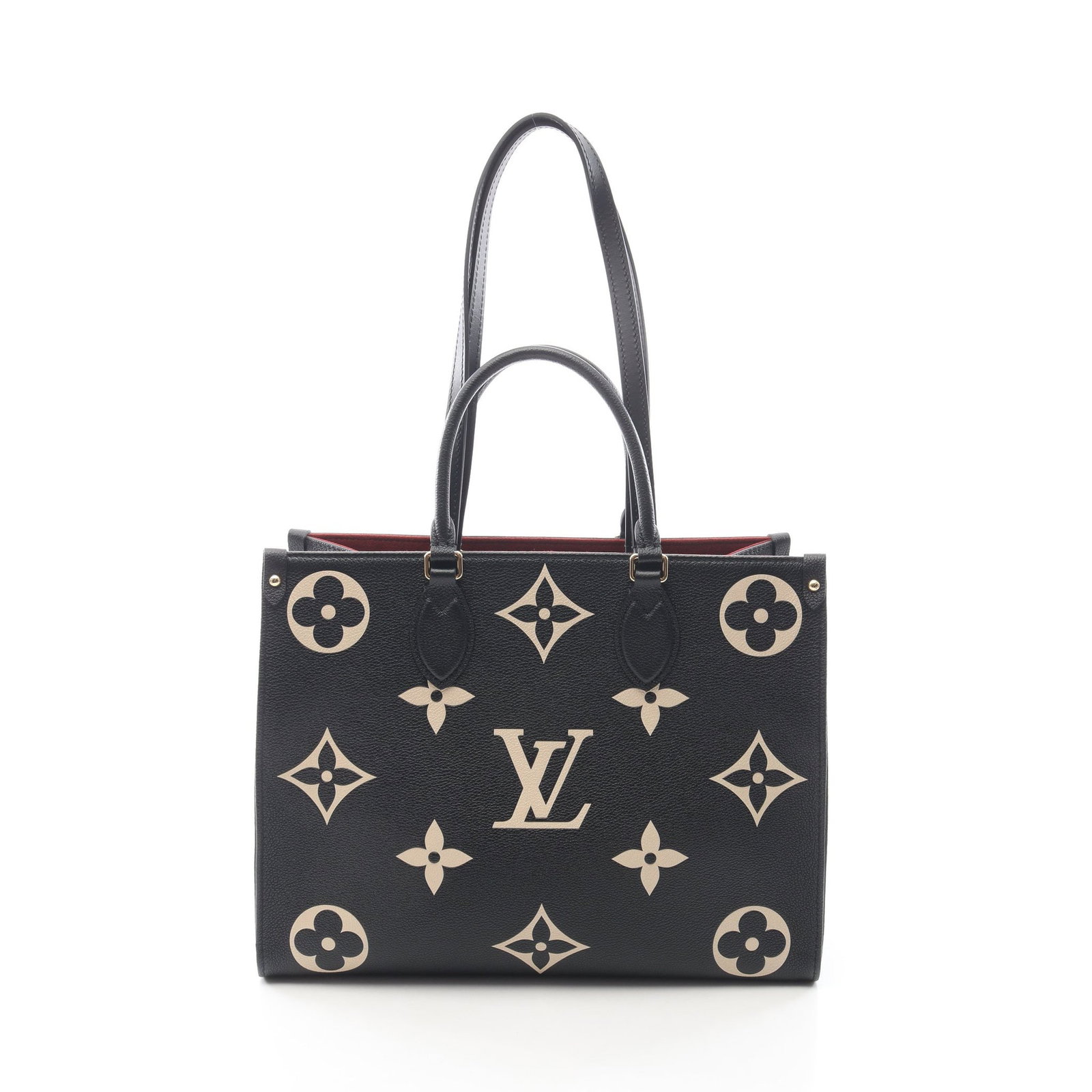 LV On-The-Go MM Empreinte Noir: Authentic and authenticated Louis Vuitton On-The-Go MM Monogram Empreinte Noir 2WAY shoulder tote bag in black leather with RFID. Model M45595. Approx. 26H x 33/34W x 15D cm.