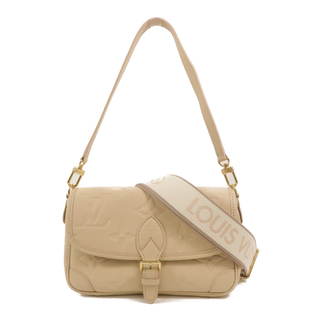 LV Diane 2 Way Empreinte Beige: Authentic and authenticated Louis Vuitton Diane 2 Way shoulder bag in beige and cream Monogram Empreinte calfskin with RFID. Approx. 20.5W x 15H x 10D cm with 25 cm handle and 109-119 cm strap.
