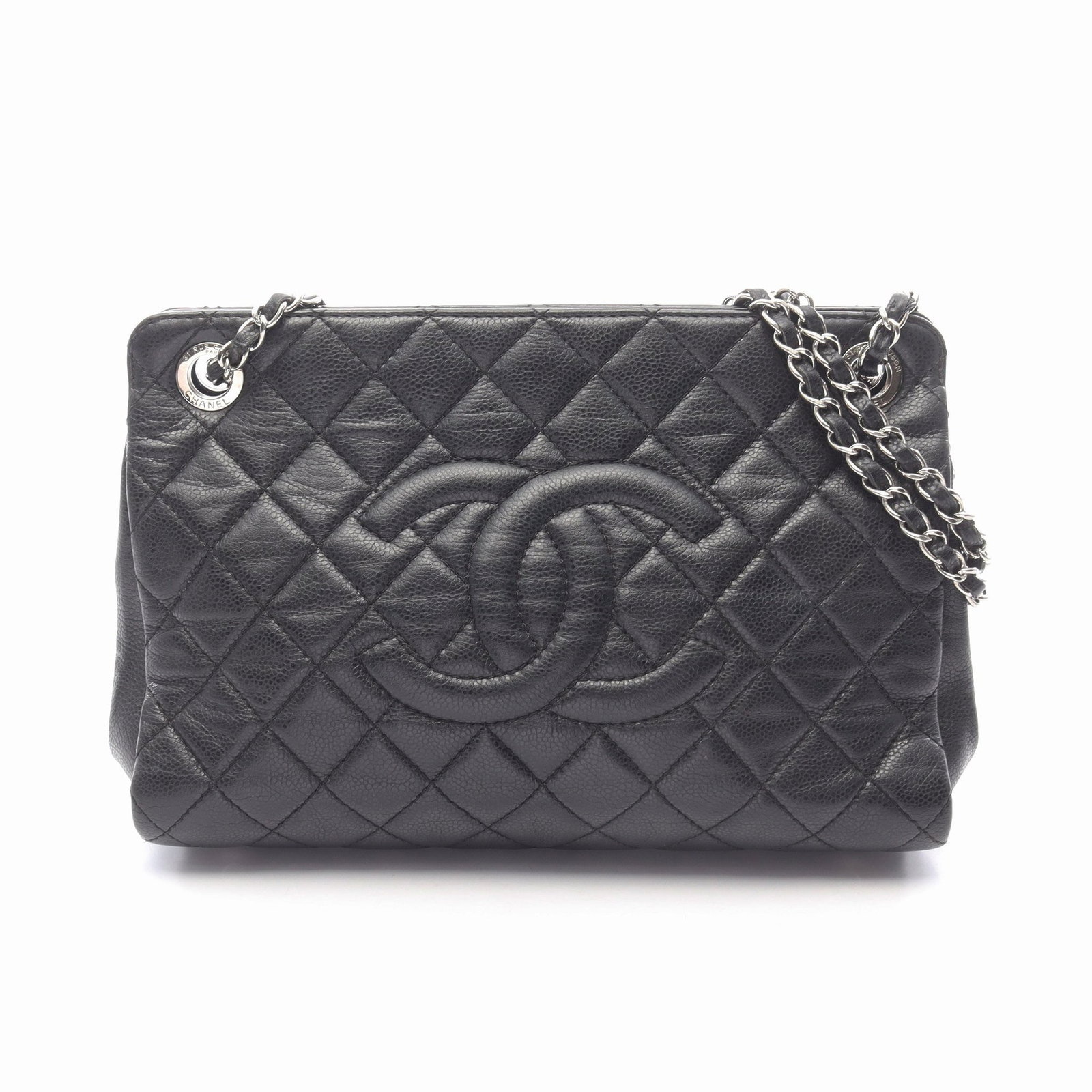 Chanel Matelasse Chain Bag Black: Authentic and authenticated Chanel Matelasse chain shoulder bag in black caviar skin with silver hardware. Approx. 21H x 30W x 11D cm with 63 cm strap. Includes guarantee card and serial seal.