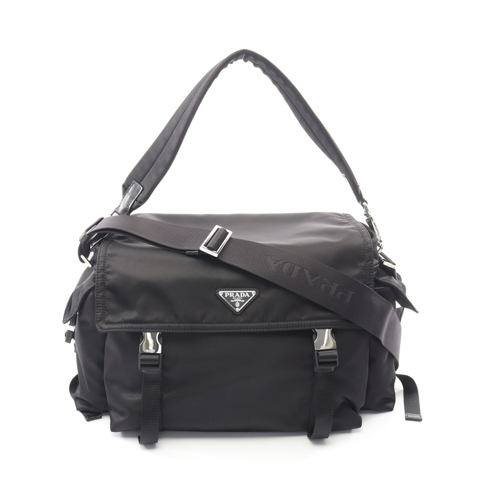 Prada Explorer Re-Nylon 2WAY Black: Authentic and authenticated Prada Explorer Re-Nylon 2WAY shoulder bag in black nylon. Model 2VD0822. Approx. 24H x 32/41W x 12D cm with 62 cm handle and 74-137 cm strap. Includes storage bags and hand