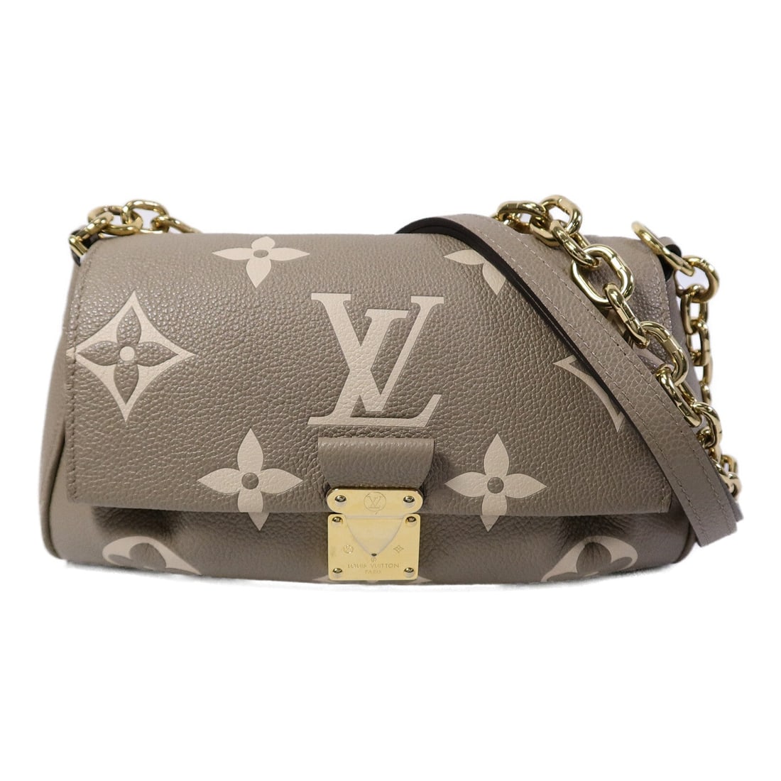LV Favorite Empreinte Shoulder Bag: Authentic and authenticated Louis Vuitton Favorite shoulder bag in gray Monogram Empreinte calfskin with RFID. Approx. 24W x 14H x 9D cm with 59-108 cm strap. Includes shoulder strap.