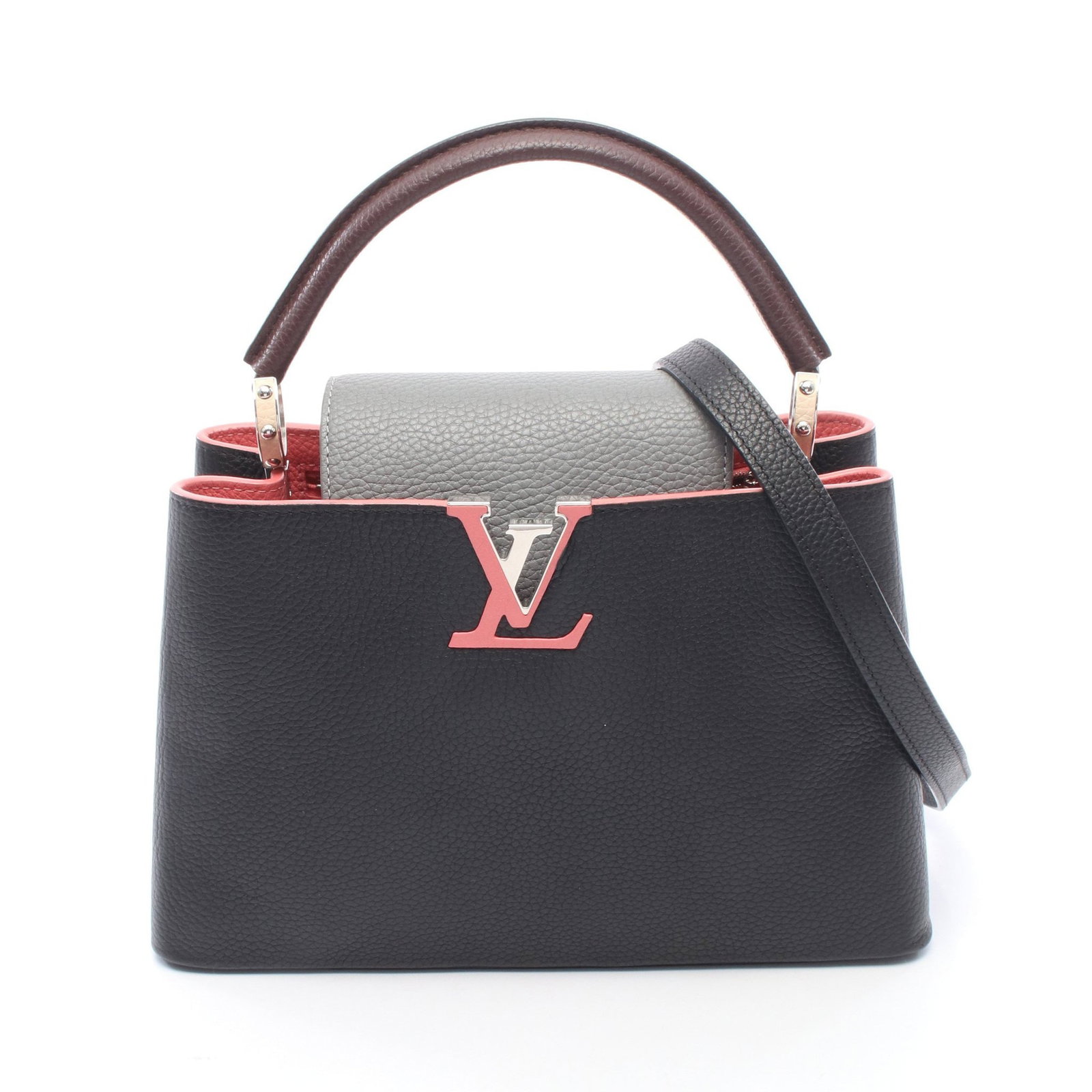 LV Capucines PM Multicolor 2WAY: Authentic and authenticated Louis Vuitton Capucines PM 2WAY handbag in black, gray, and multicolor Taurillon leather. Model M42916, product no. AH4136. Approx. 21H x 25/31W x 10.5D cm with 37 cm