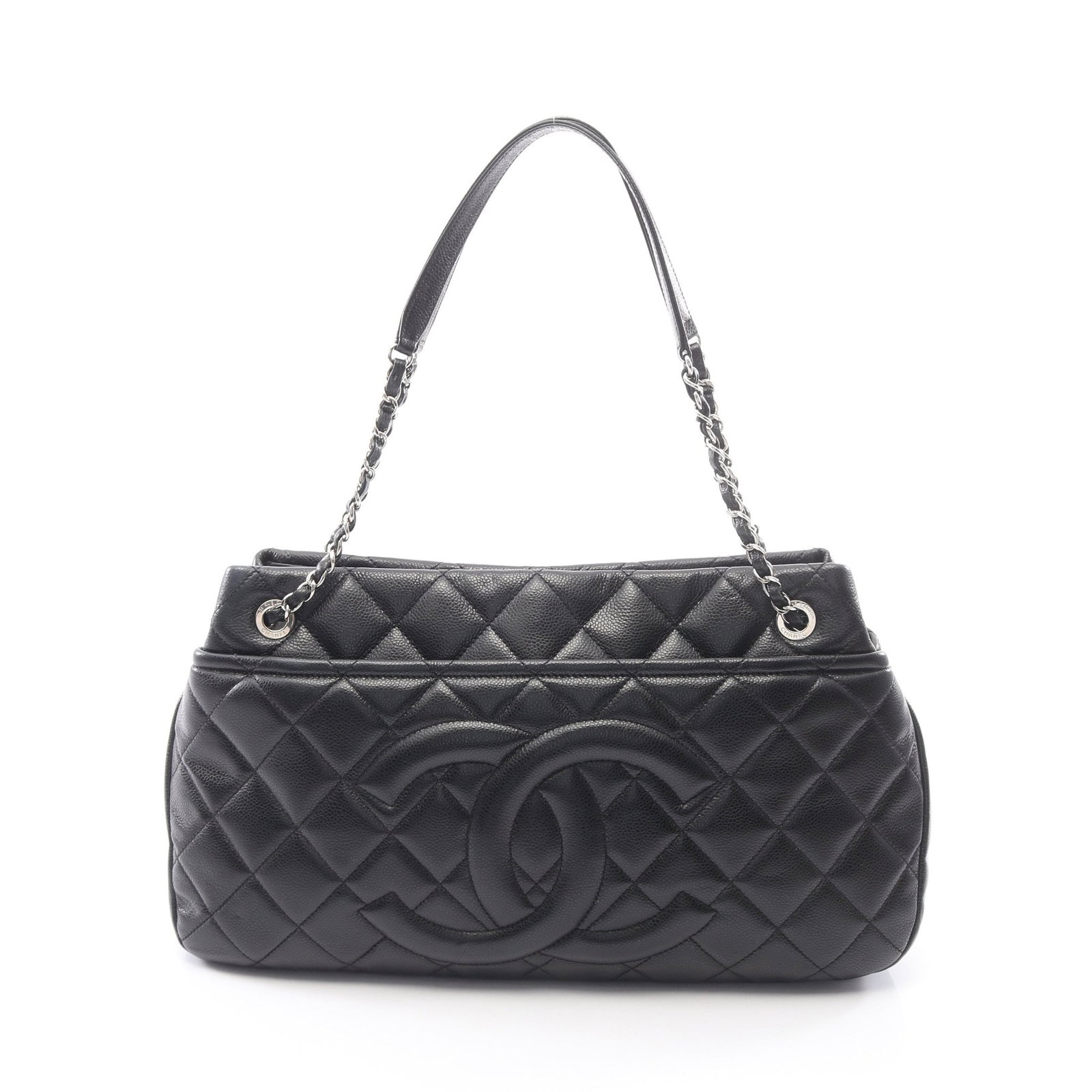 Chanel Matelasse Chain Tote Black: Authentic and authenticated Chanel Matelasse chain shoulder tote bag in black caviar skin with silver hardware. Model A67292. Approx. 25H x 34/41W x 9D cm with 65 cm strap.