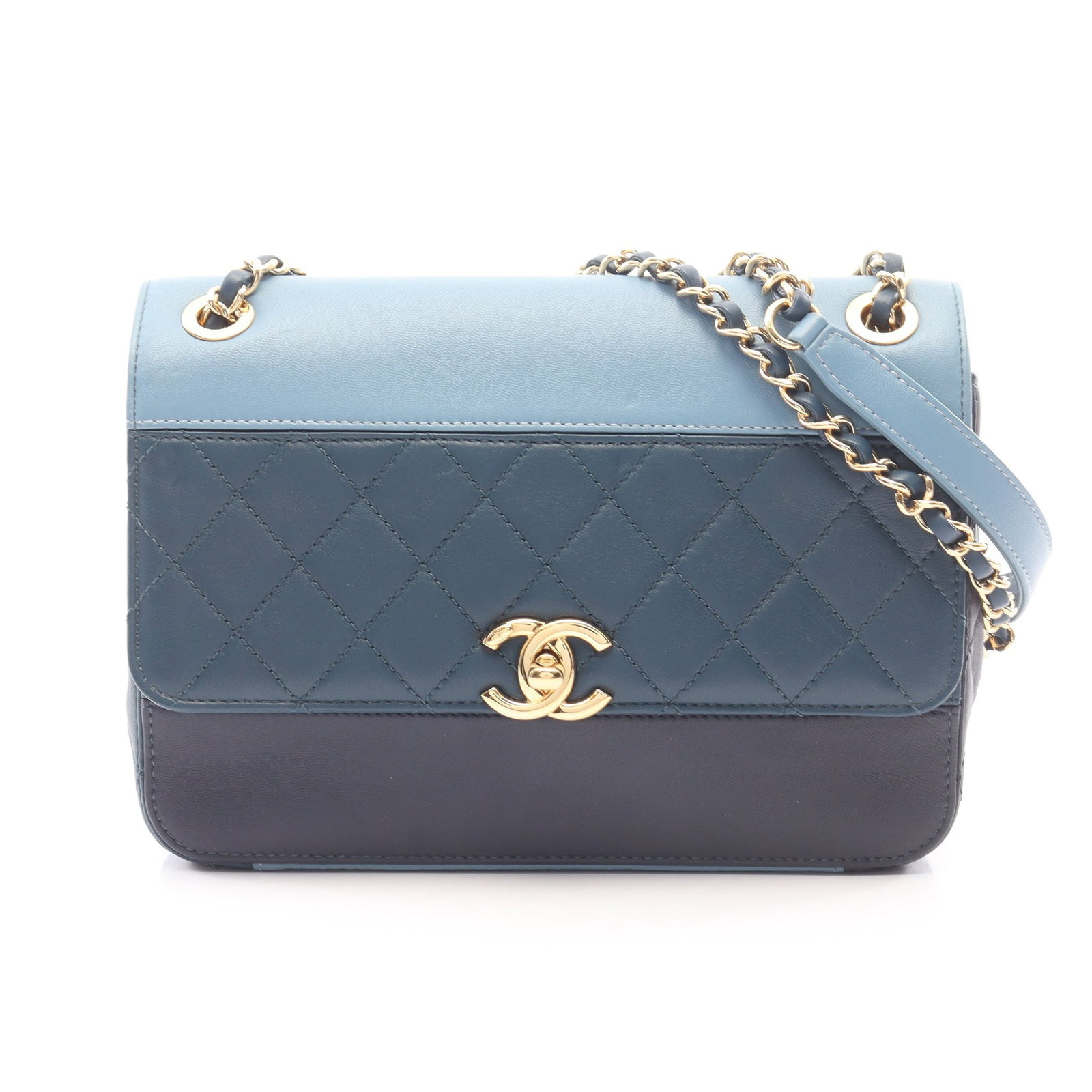 Chanel Matelasse Chain Bag Navy: Authentic and authenticated Chanel Matelasse chain shoulder bag in dark blue navy lambskin with gold hardware. Model AS0949. Approx. 16H x 22W x 6D cm with double or single chain wear. Includes
