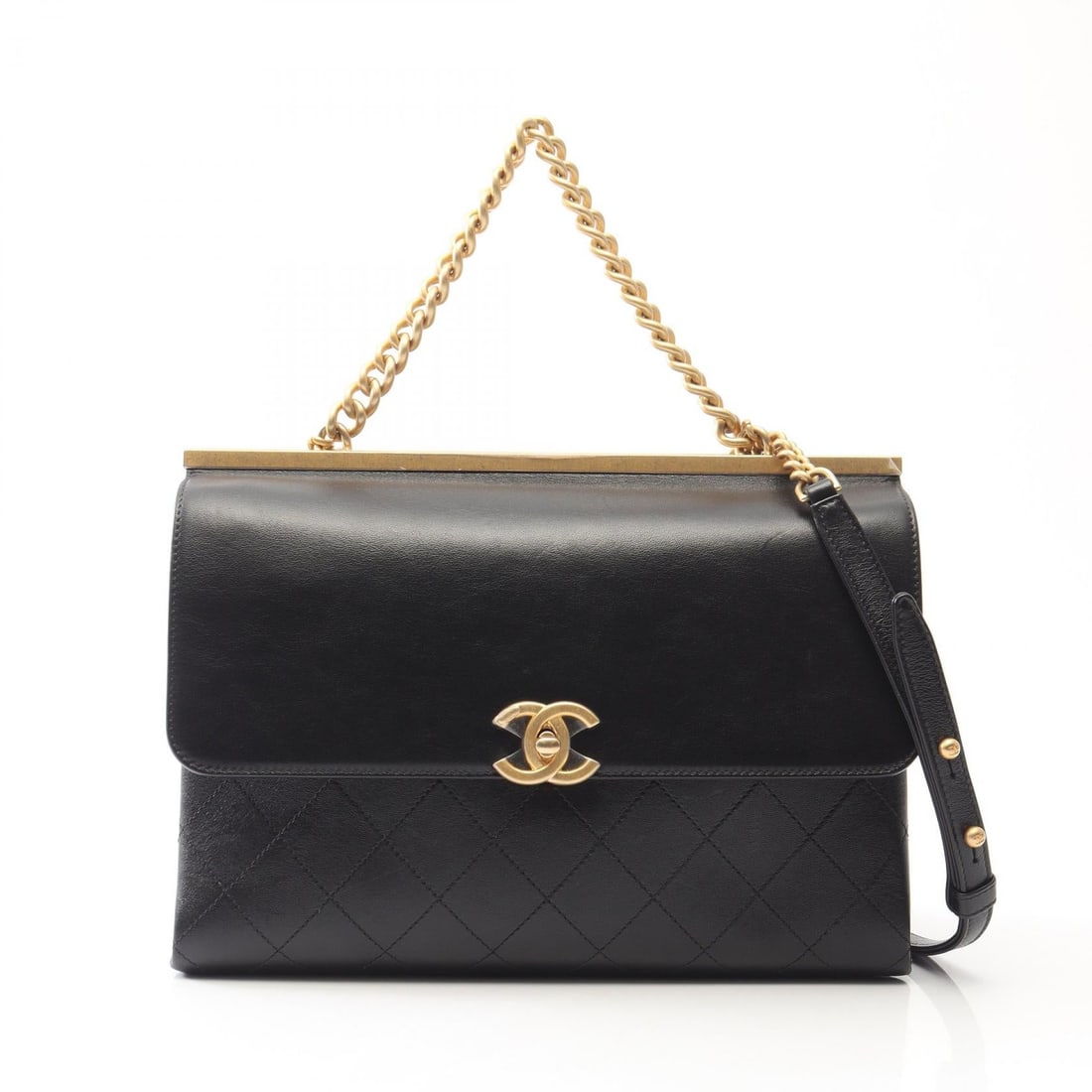 Chanel Matelasse 2WAY Chain Black: Authentic and authenticated Chanel Matelasse 2WAY chain shoulder bag in black lambskin with gold hardware. Approx. 20H x 28W x 10D cm with 31 cm handle and 110 cm strap. Includes guarantee card and