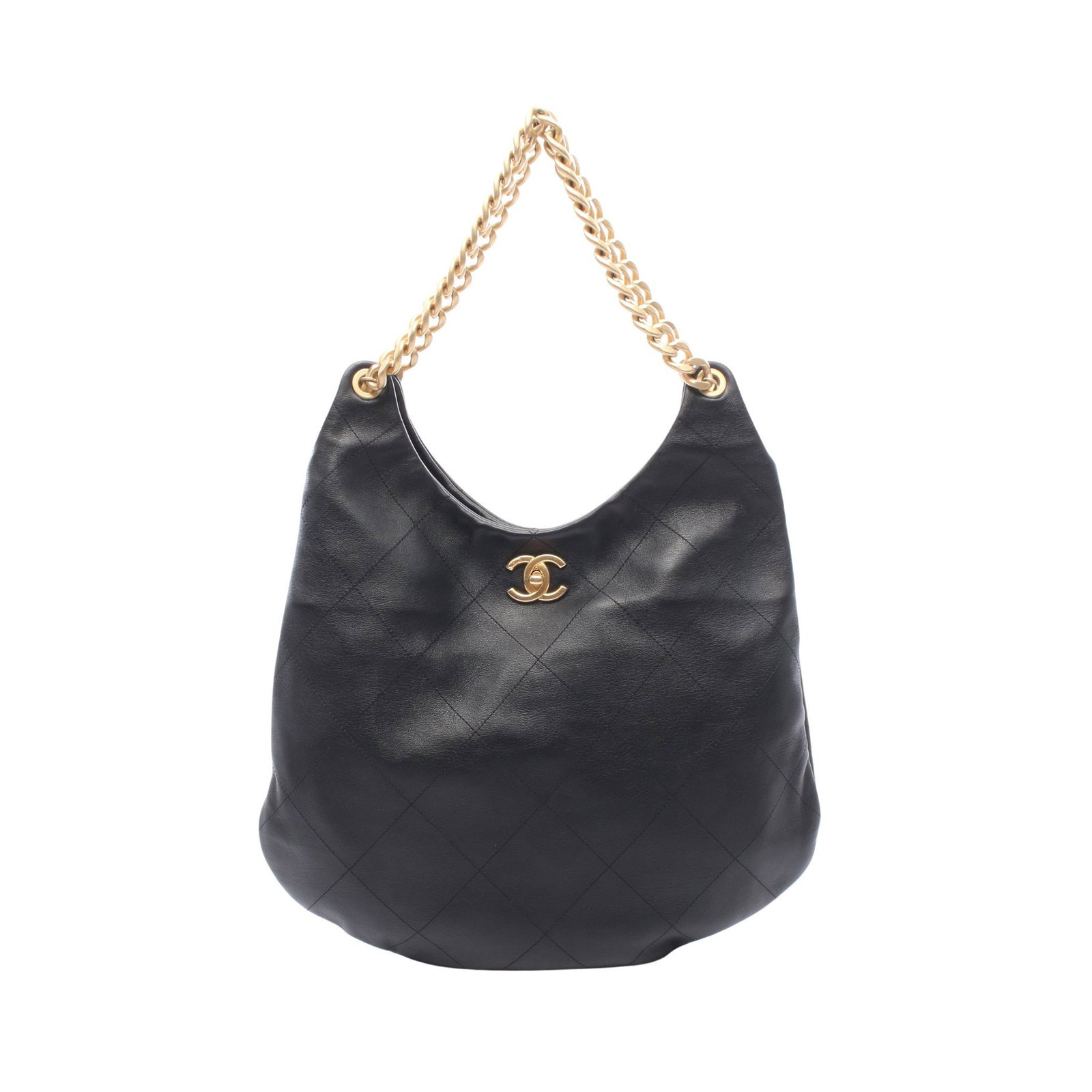 Chanel Hobo Chain Shoulder Black: Authentic and authenticated Chanel Matelasse Hobo bag chain shoulder bag in black leather with gold hardware. Approx. 31H x 31.5/37.5W x 2D cm with 40 cm strap. Includes serial metal plate.