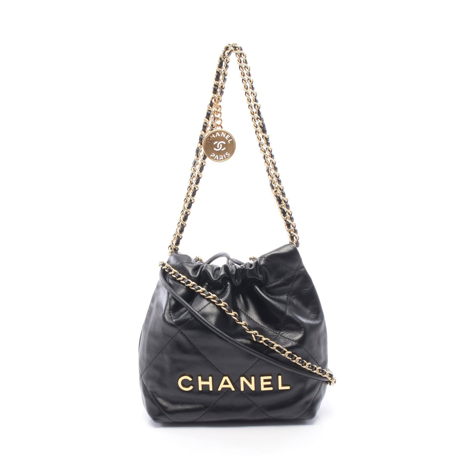 Chanel 22 Mini Chain Bag Black: Authentic and authenticated Chanel 22 Mini chain shoulder bag in black leather with gold hardware. Model AS3980. Approx. 19H x 17.5W x 6D cm with adjustable handle and 124 cm strap. Includes serial me