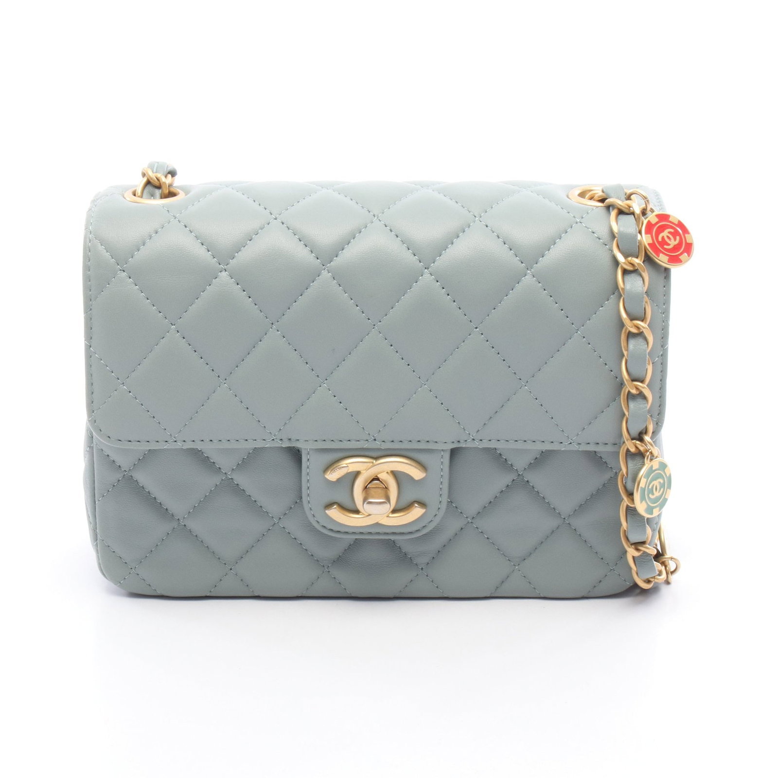 Chanel Mini Chain Shoulder Blue Gray: Authentic and authenticated Chanel Mini Matelasse chain shoulder bag in blue gray leather with gold hardware. Model AS3738. Approx. 12H x 16W x 4D cm with 117 cm strap. Includes serial metal plate.