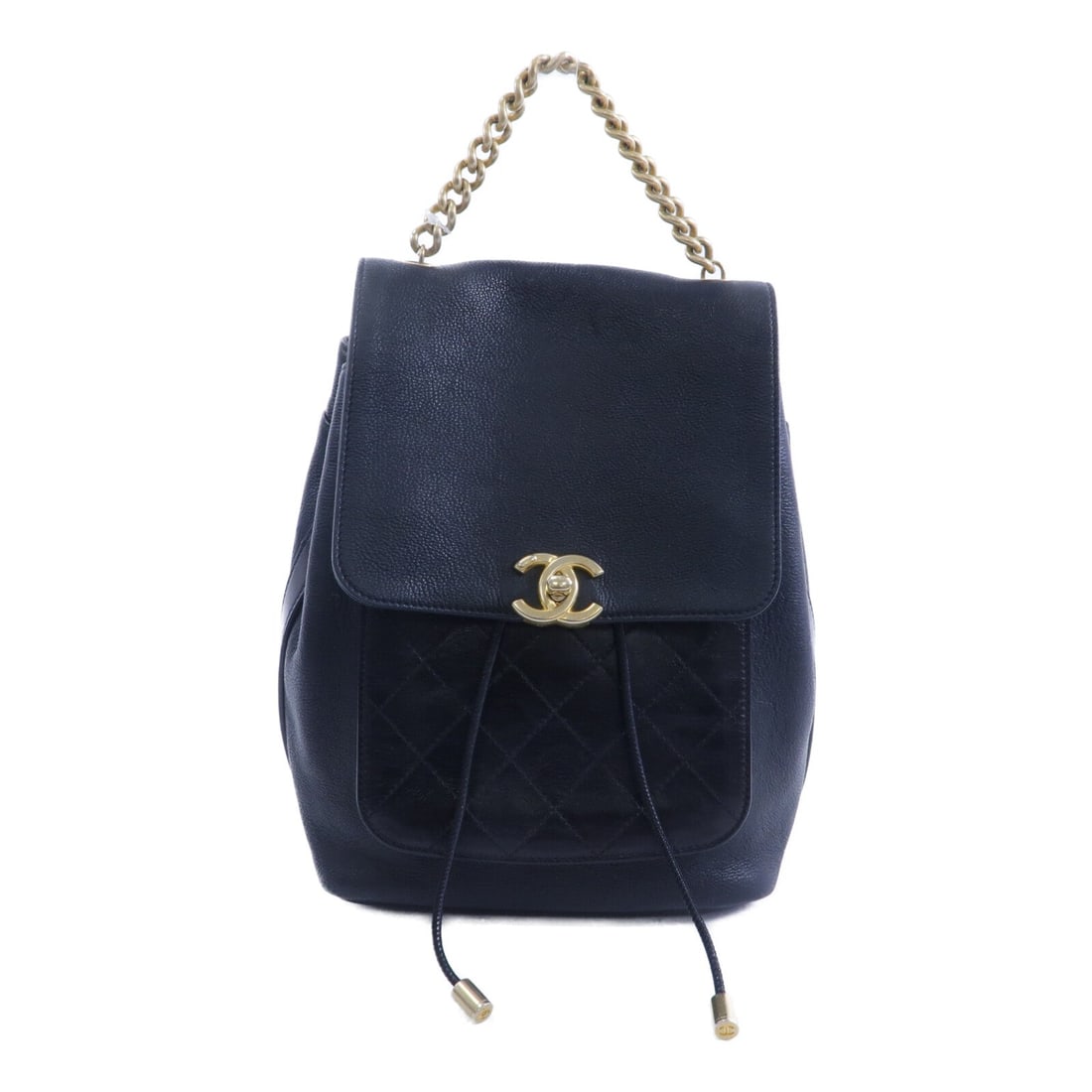 Chanel Chain Backpack Black: Authentic and authenticated Chanel chain backpack in black calfskin. Product no. 26553875. Approx. 19W x 24H x 12D cm with 20 cm handle and 77-91 cm straps. Includes hologram sticker and guarantee.