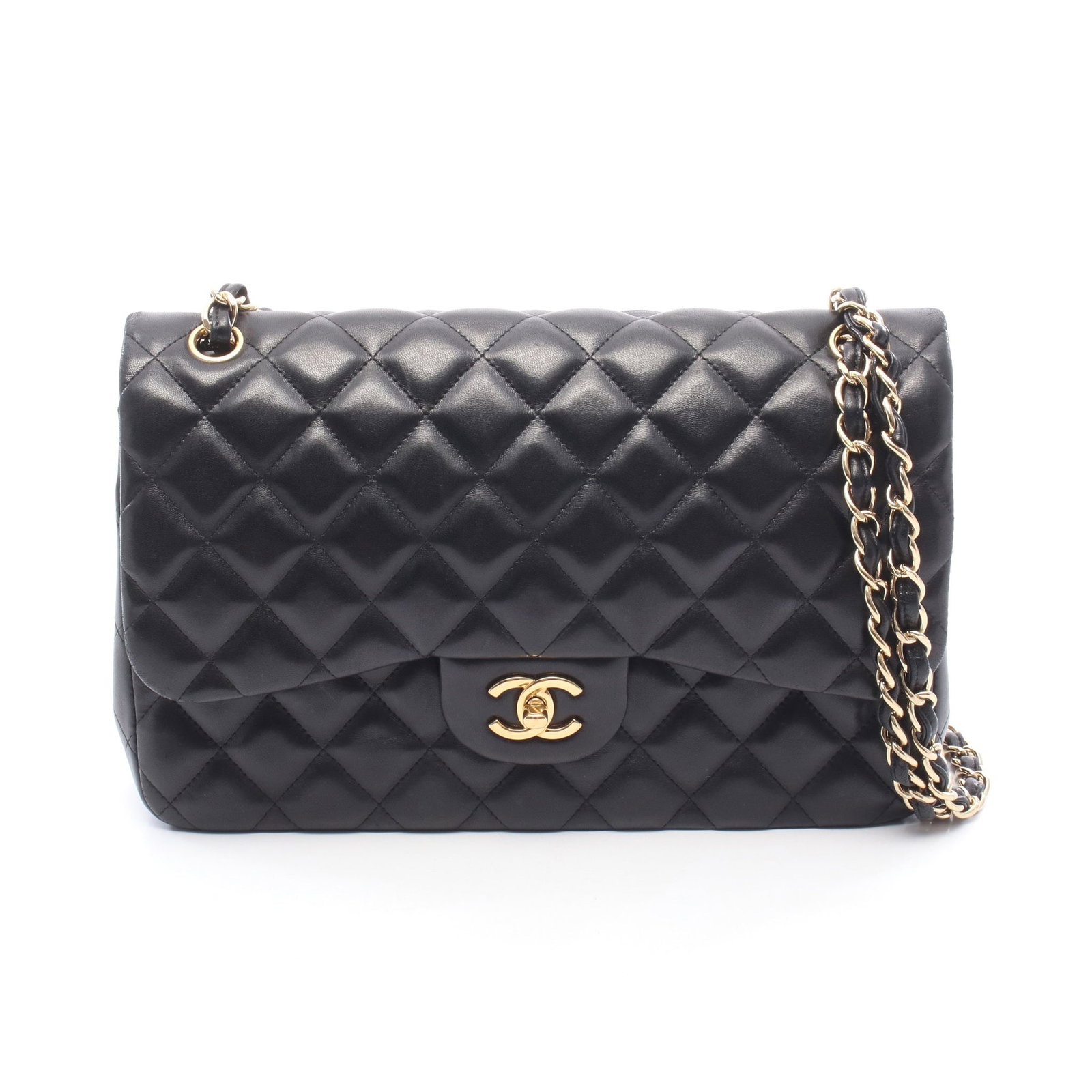 Chanel Decamatlasse Classic Large Black: Authentic and authenticated Chanel Decamatlassé 30 Classic Large W flap W chain shoulder bag in black lambskin with gold hardware. Model A58600. Approx. 20H x 30W x 9D cm with double or single chain 