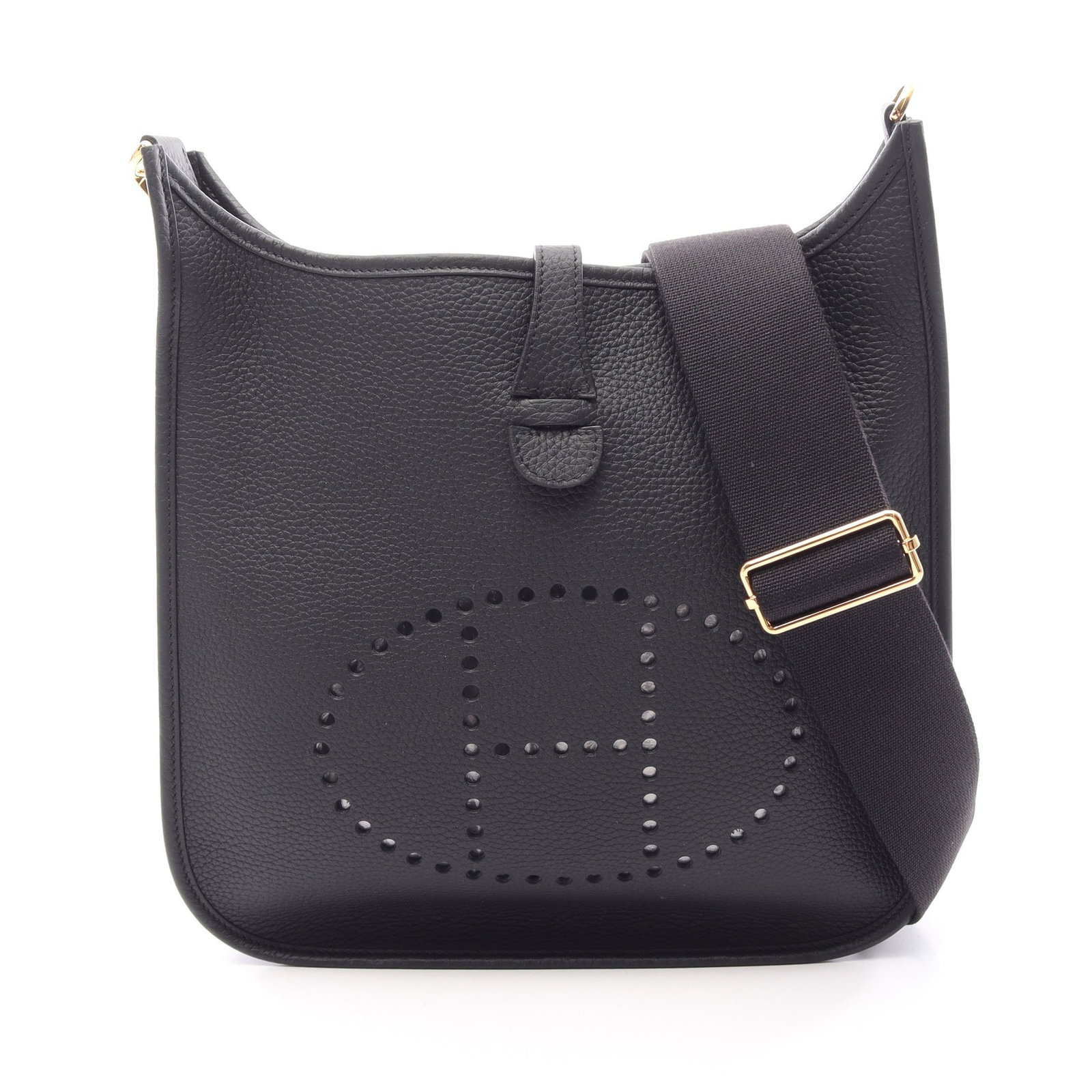 Hermes Evelyne III PM Black: Authentic and authenticated Hermes Evelyn 3 Troyes PM shoulder bag in black Clemence leather with gold hardware. Approx. 26.5H x 27/28W x 7D cm with 92-134 cm strap. K stamp.