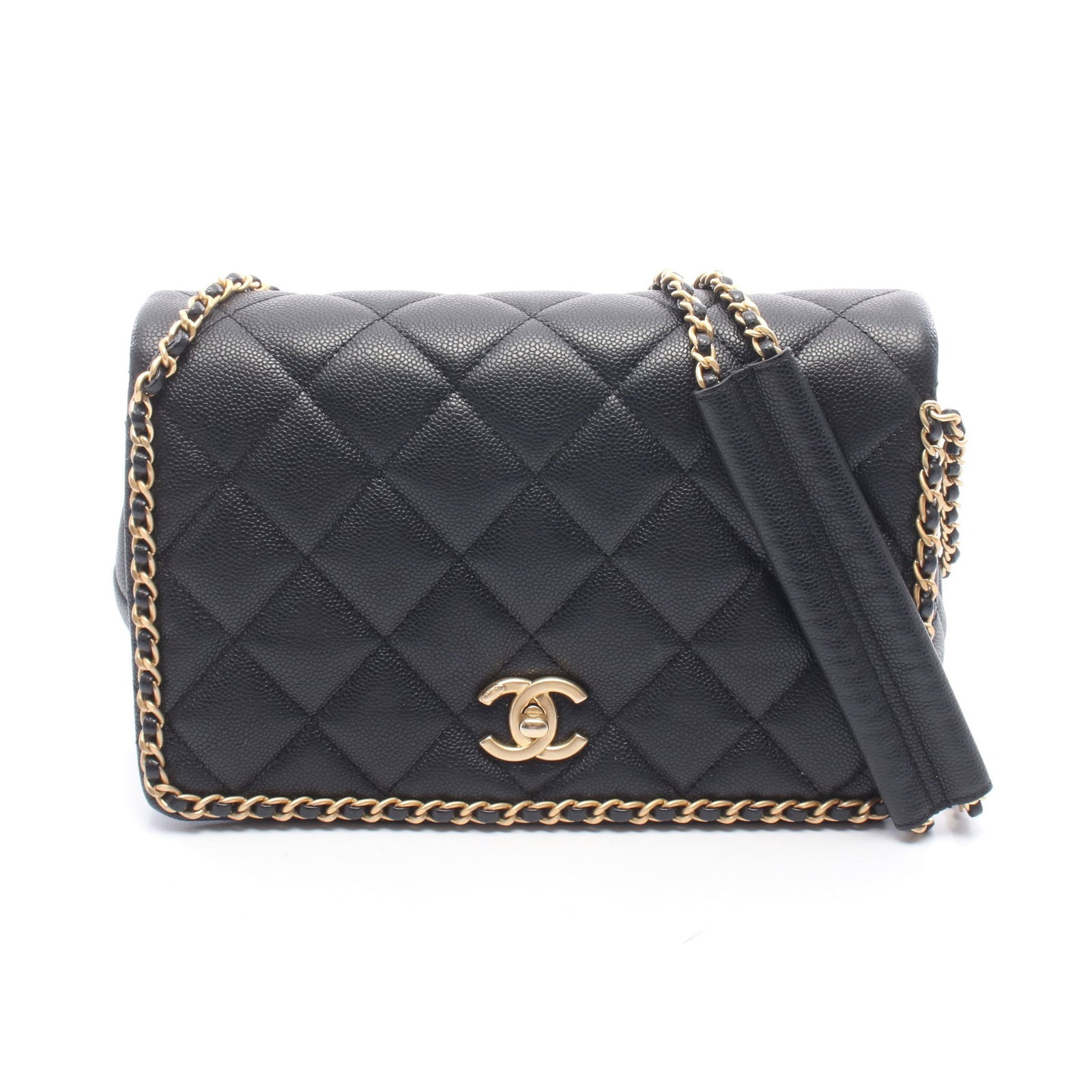 Chanel Chain Shoulder Bag Black: Authentic and authenticated Chanel Matelasse chain shoulder bag in black caviar skin with gold hardware. Model AS3467. Approx. 16H x 24.5W x 6D cm with 83 cm strap. Includes serial metal plate.
