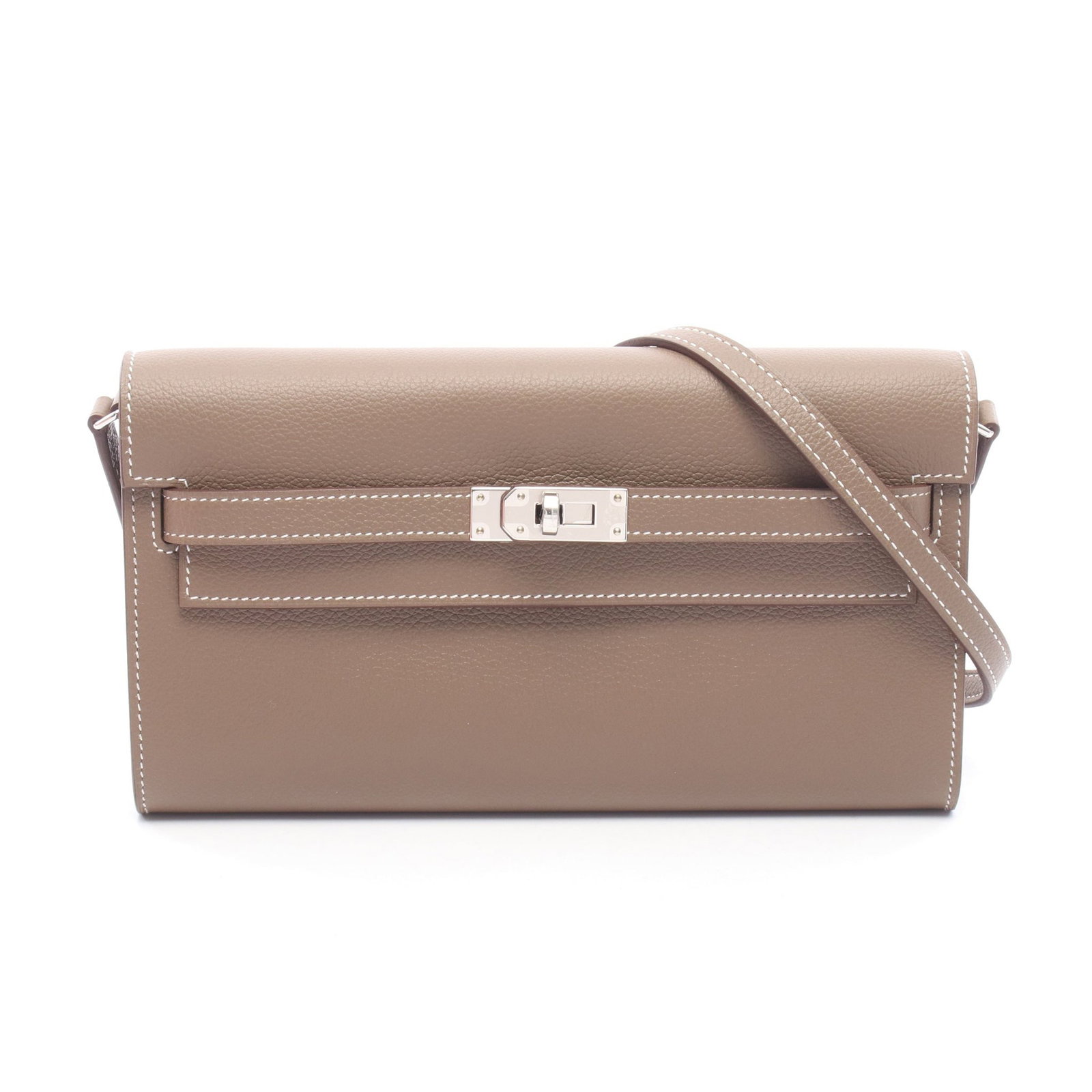 Hermes Kelly To Go Etoupe Evercolor: Authentic and authenticated Hermes Kelly To Go shoulder wallet in gray brown Evercolor with silver hardware. Approx. 11.5H x 20.5W x 3.5D cm with 110 cm strap. K stamp.