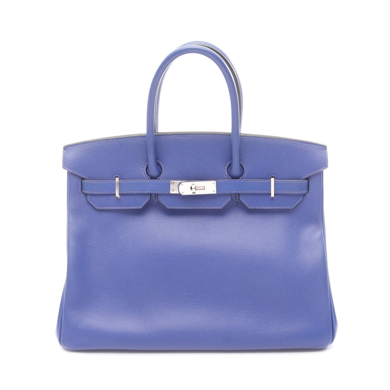 Hermes Birkin 35 Blue Electric: Authentic and authenticated Hermes Birkin 35 handbag in blue Veau Epsom with silver hardware. Approx. 28H x 33/35W x 18D cm with 35 cm handle. Includes 2 keys and crochet.