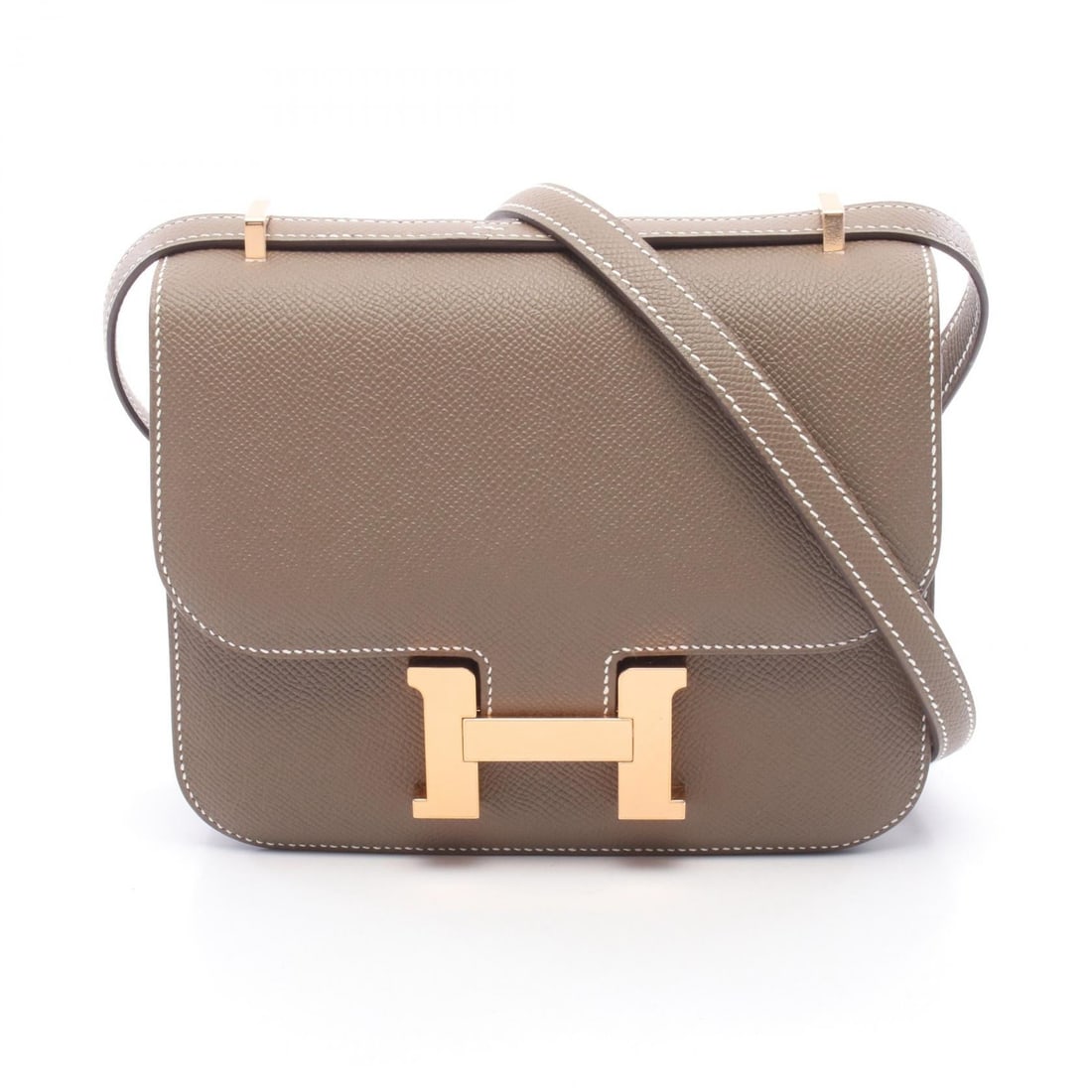 Hermes Constance Mini Etoupe Bag: Authentic and authenticated Hermes Constance 3 Mini shoulder bag in gray brown Veau Epsom with pink gold hardware. Approx. 15H x 18W x 2/3D cm with short and long strap options. B stamp.