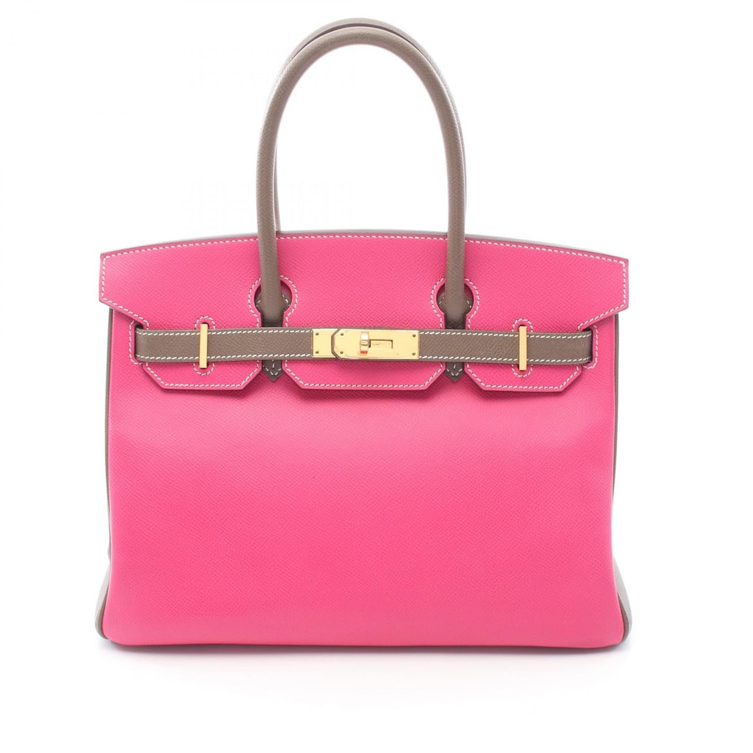 Hermes Birkin 30 Rose Tyrian Etoupe: Authentic and authenticated Hermes Birkin 30 handbag in pink and gray brown Veau Epsom with gold hardware. Approx. 24H x 28/30W x 15D cm with 33 cm handle. Includes 2 keys, padlock, and crochet.
