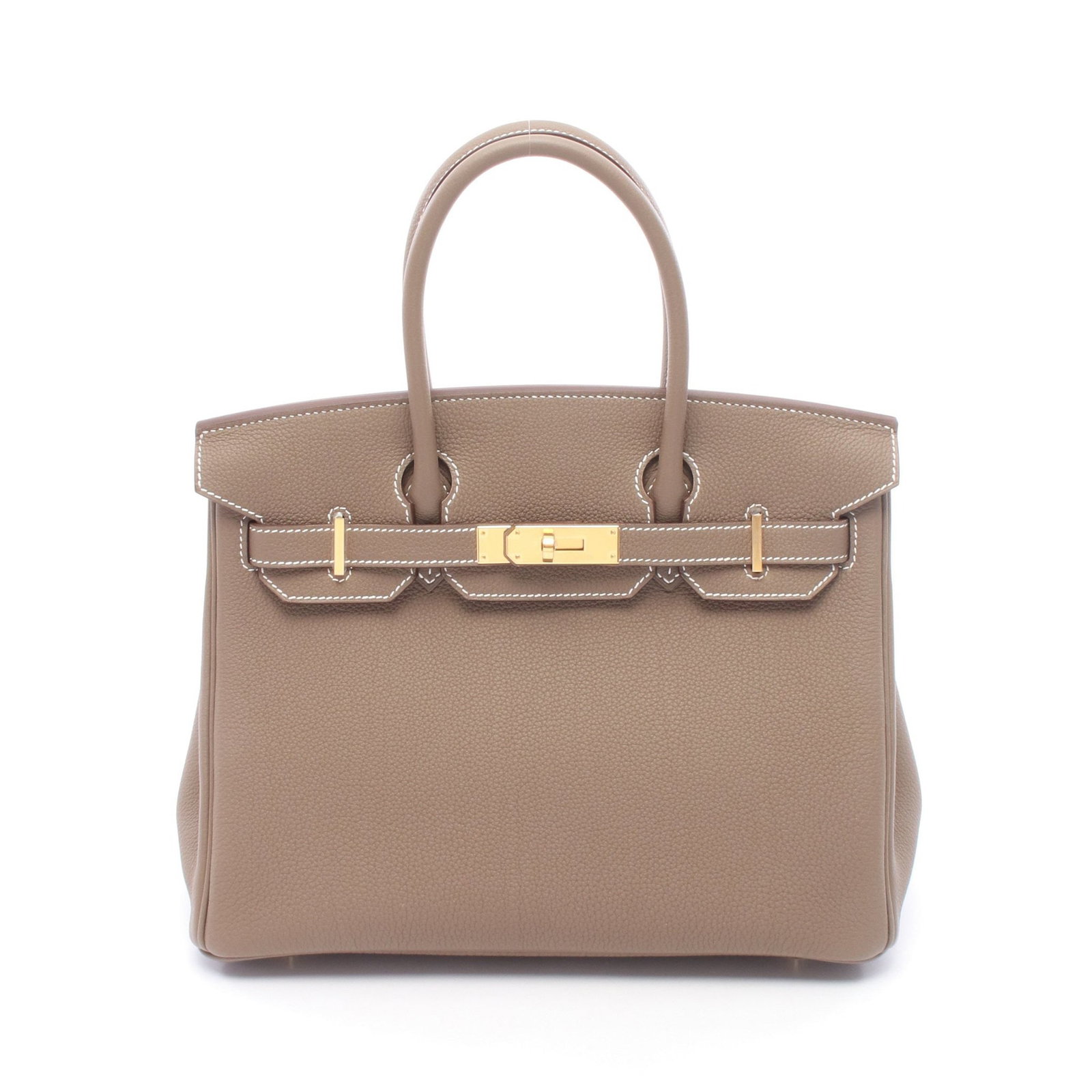 Hermes Birkin 30 Etoupe: Authentic and authenticated Hermes Birkin 30 handbag in gray brown Togo with gold hardware. Approx. 24H x 28/30W x 15D cm with 33 cm handle. Includes crochet, padlock, 2 keys, box, and storage bags.