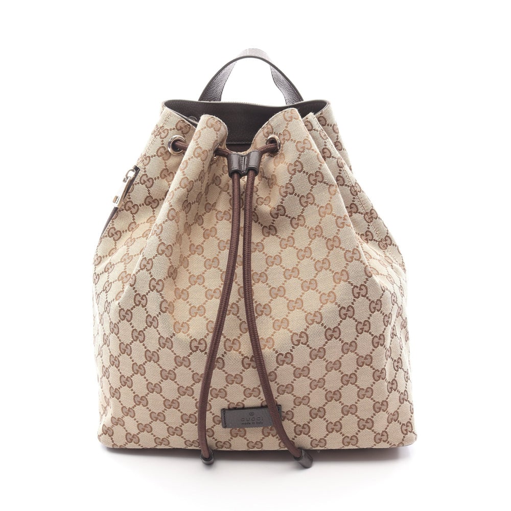 Gucci Canvas Backpack Beige Brown: Authenticated genuine Gucci backpack rucksack in beige dark brown canvas and leather, model 449175. Approx. H34 x W31 base x D14.5 cm, strap 68-86 cm, handle 24 cm.